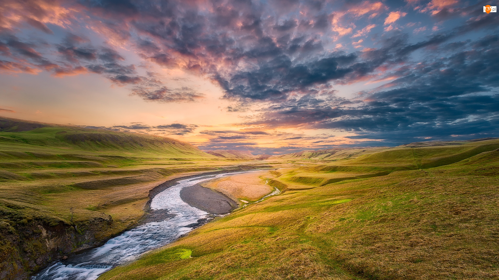 Chmury, Islandia, Rzeka Fjadra, Wzgórza, Zachód słońca