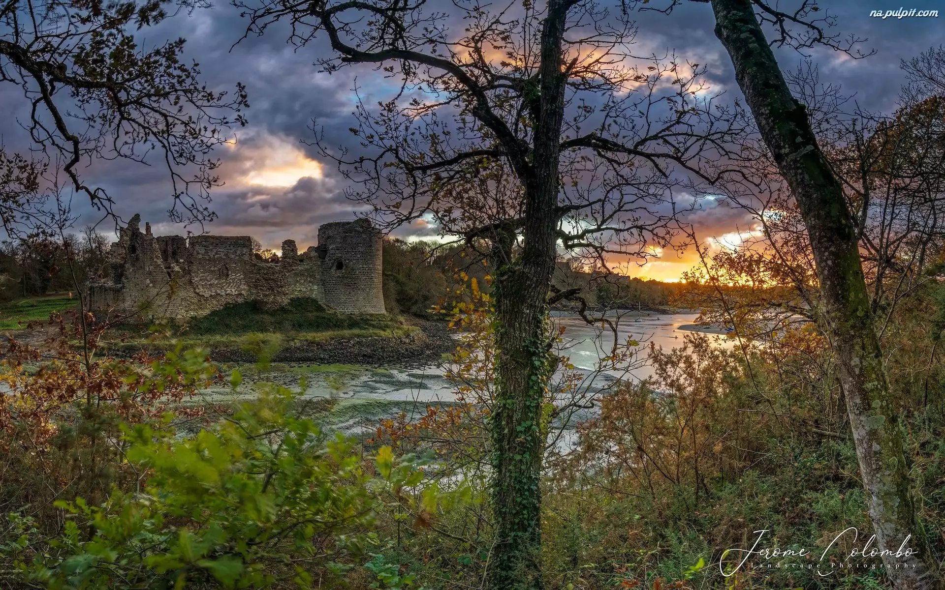Chateau du Guildo, Francja, Ruiny, Drzewa, Bretania, Zamek, Rzeka Arguenon, Crehen