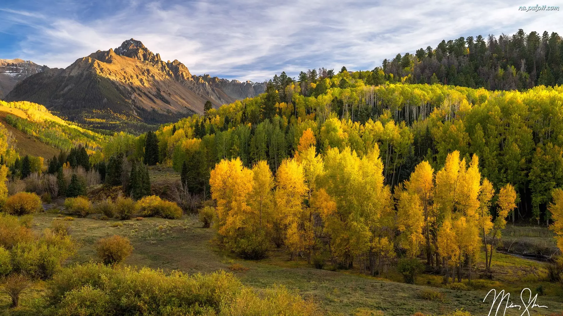 Jesień, Góry, Lasy, Kolorado, San Juan Mountains, Drzewa, Stany Zjednoczone, Góra Mount Sneffels