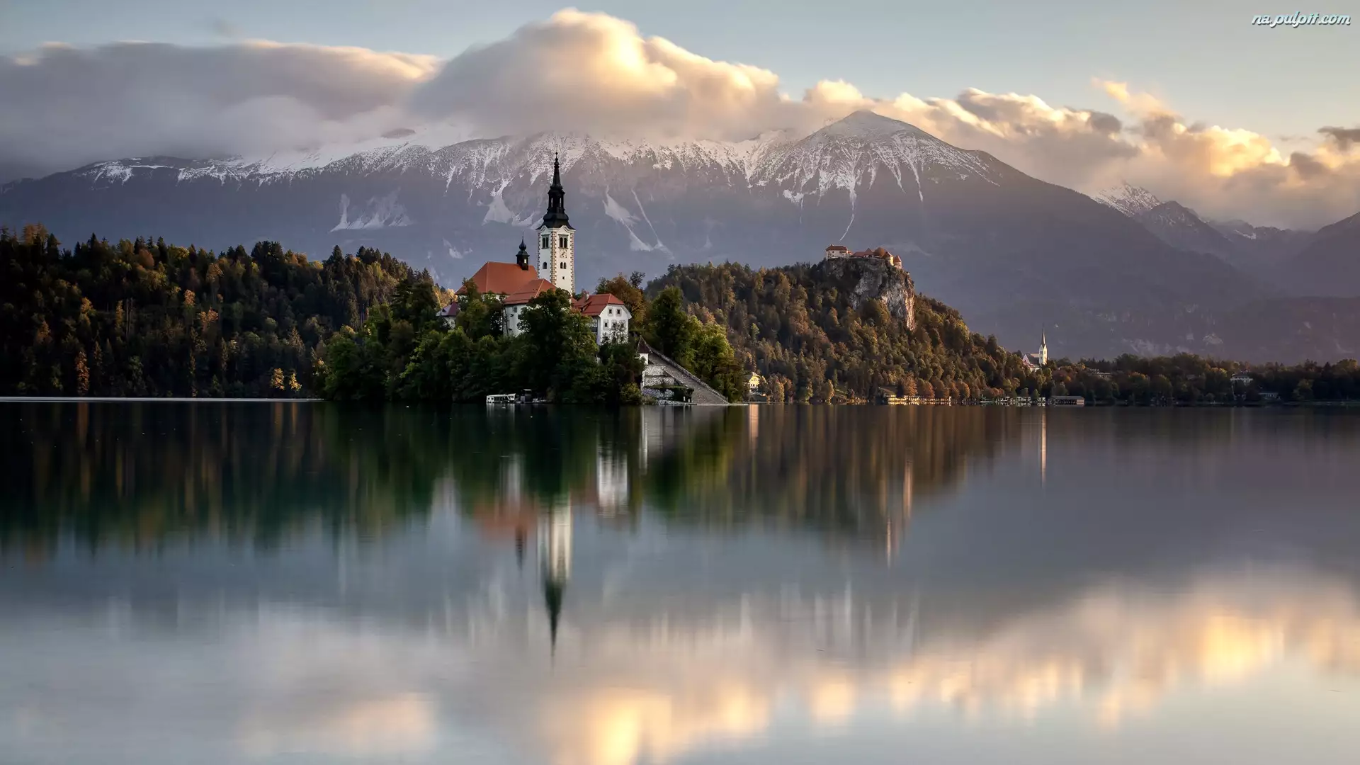 Blejski Otok, Słowenia, Kościół, Chmury, Jezioro Bled, Wyspa, Odbicie, Góry