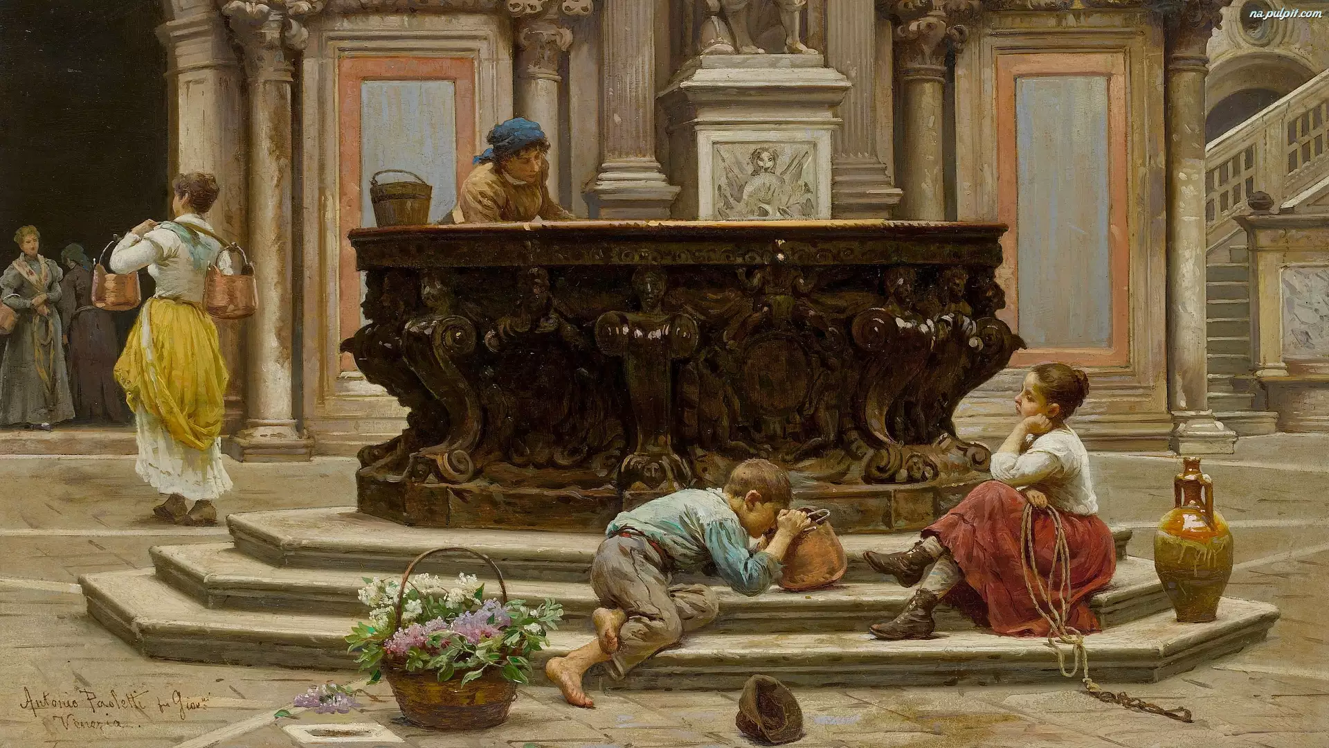 Studnia, Malarstwo, Wenecja, Kobiety, Obraz, Dziedziniec Pałacu Dożów, Dzieci, Antonio Ermolao Paoletti