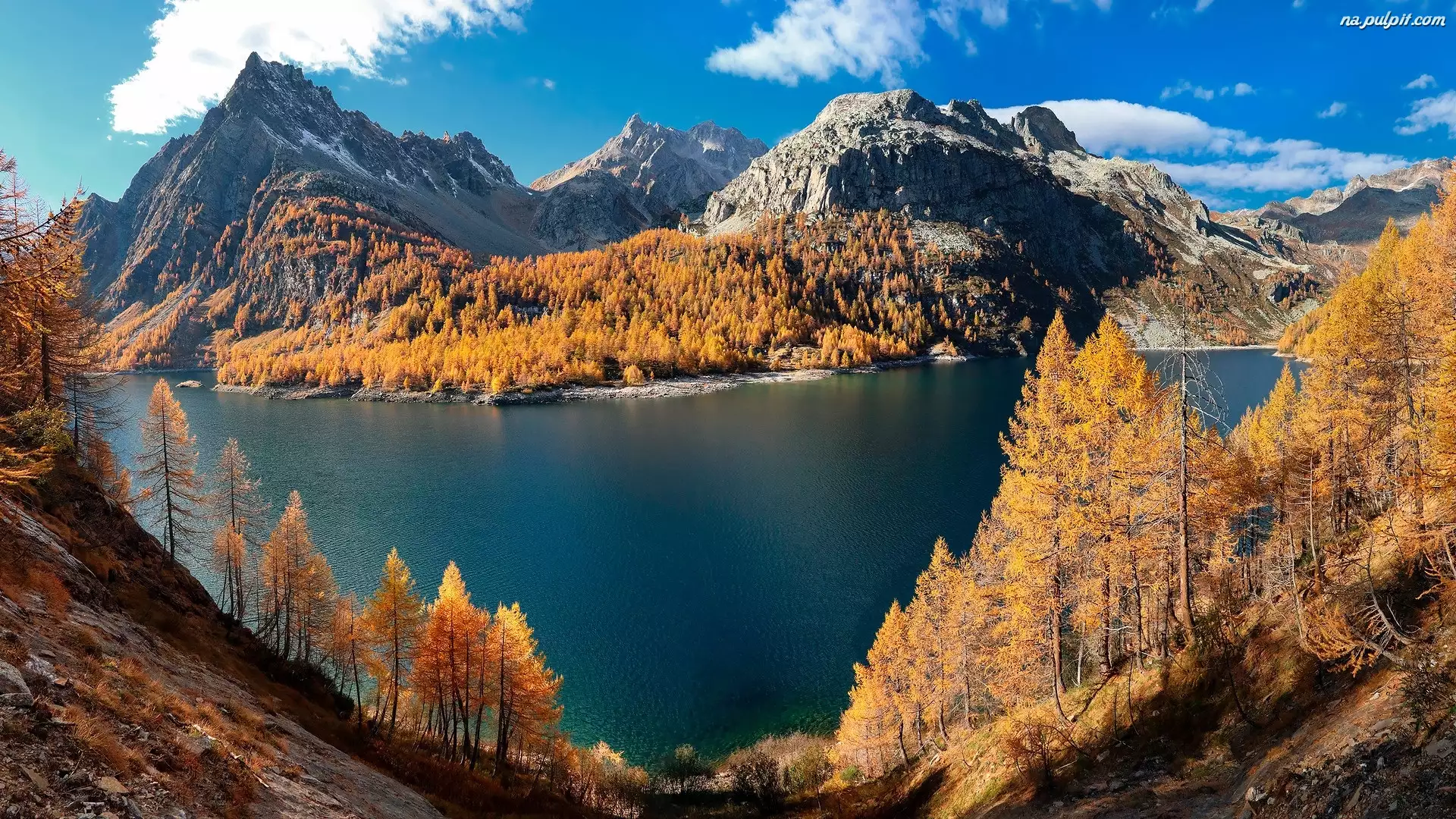 Jezioro, Jesień, Drzewa, Lago Devero, Góry, Modrzewie, Włochy, Alpy