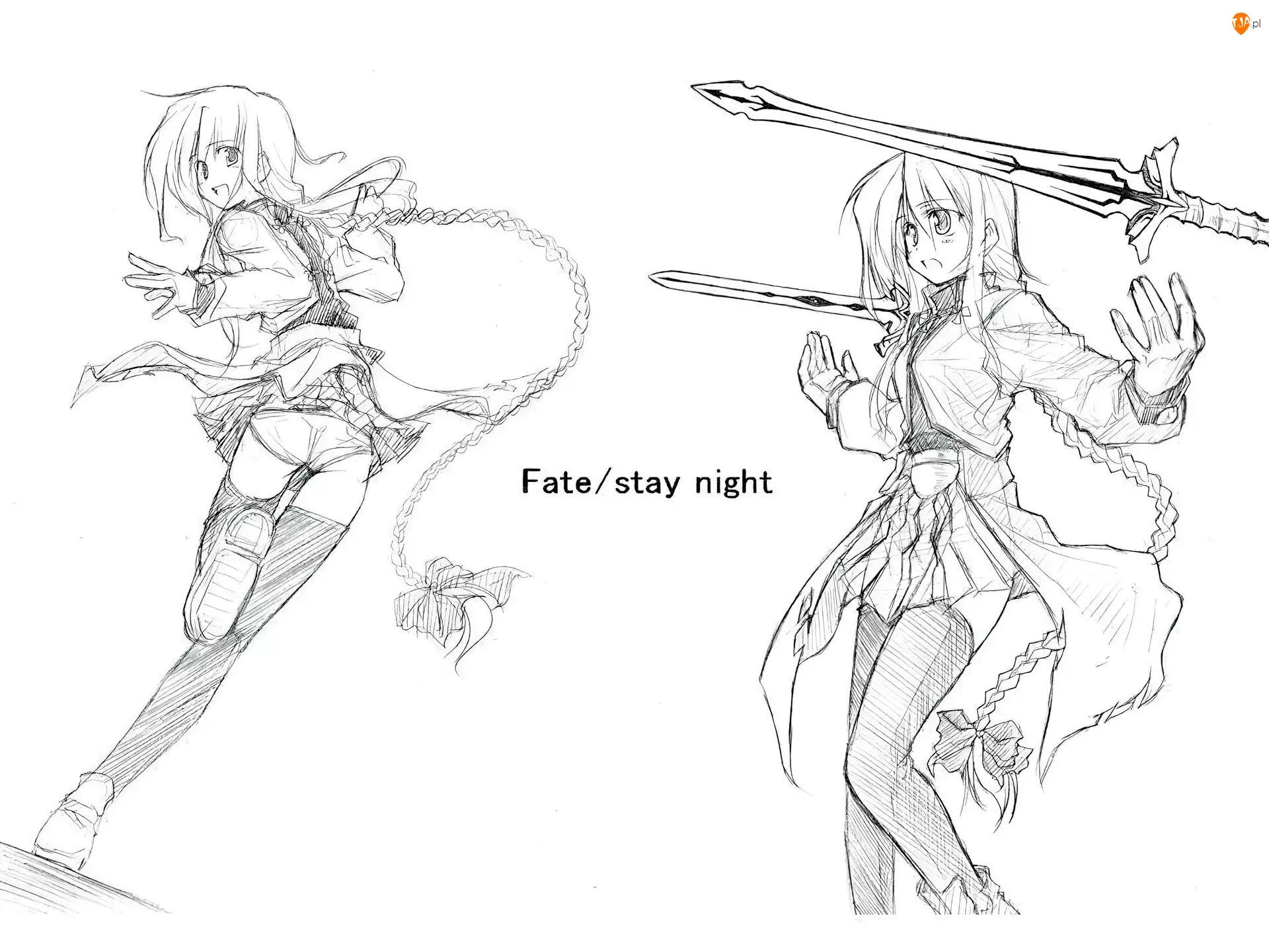 miecze, Fate Stay Night, ołówek, szkic, kobiety