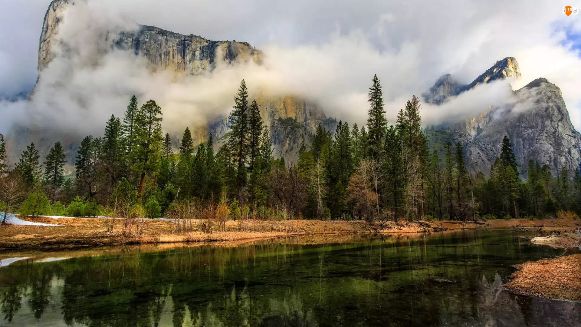 Drzewa, Góry, Stany Zjednoczone, Chmury, Kalifornia, Park Narodowy Yosemite, Rzeka