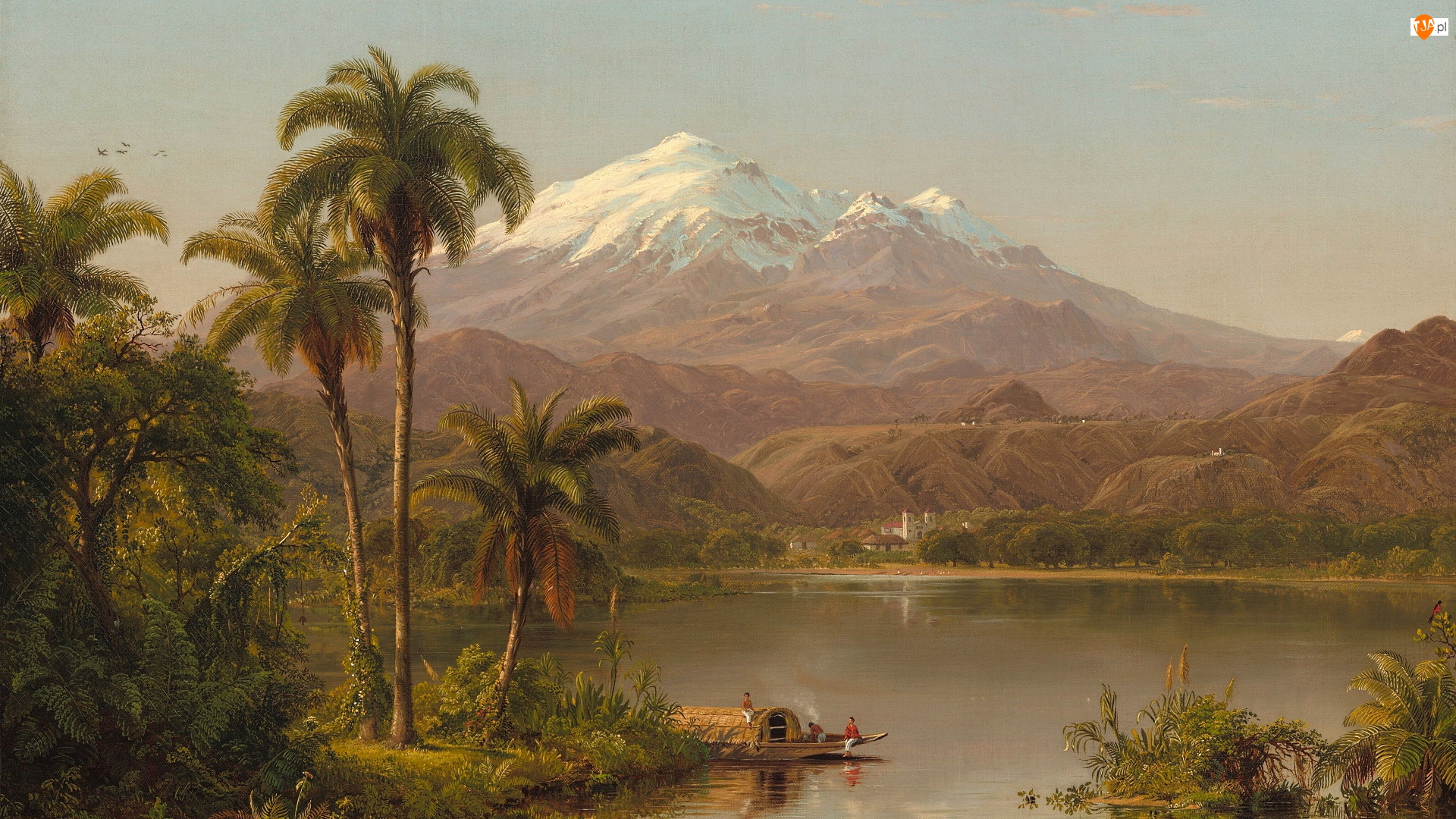 Obraz, Frederic Edwin Church, Jezioro, Malarstwo, Palmy, Domy, Góry
