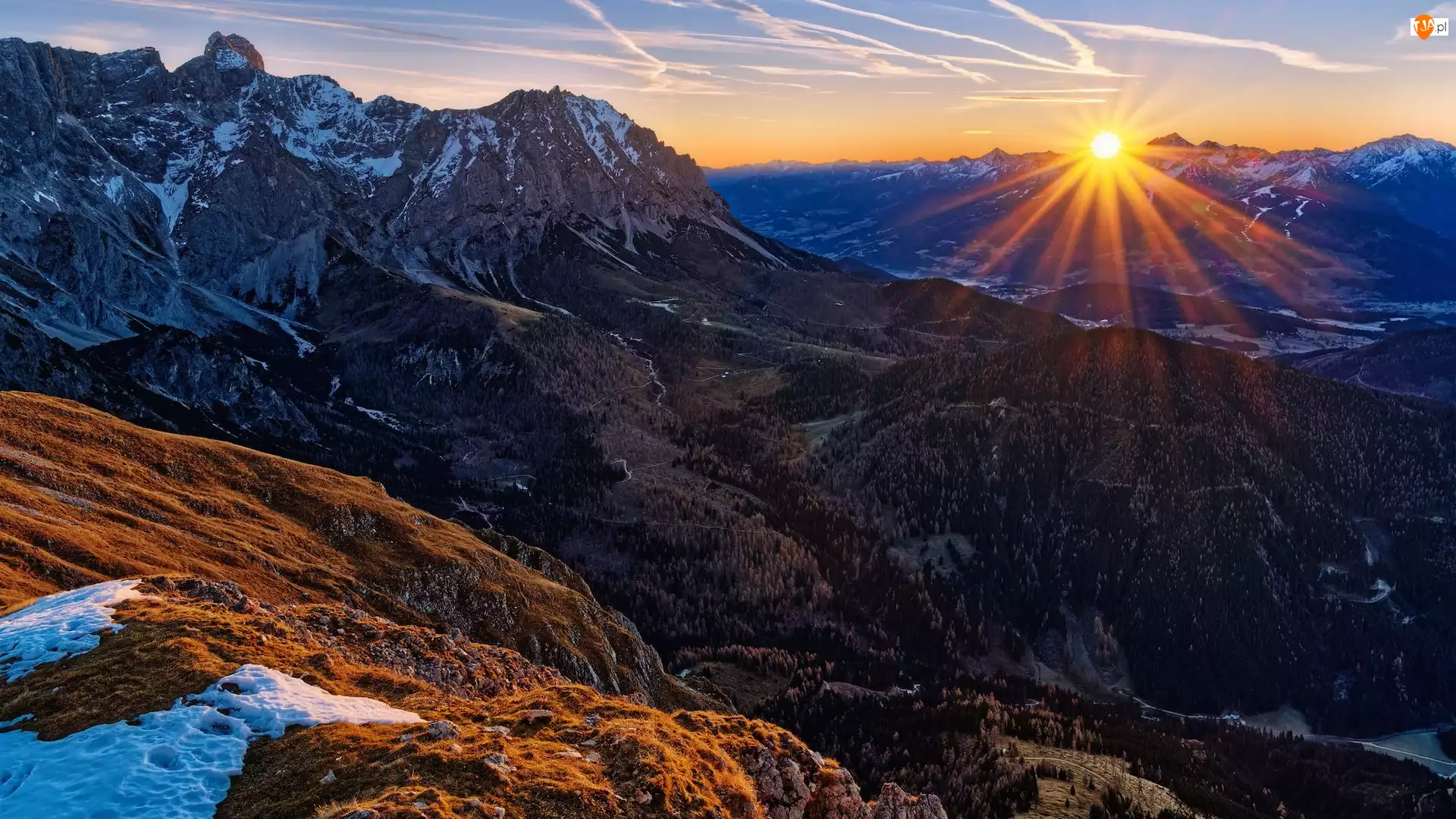 Promienie słońca, Wschód słońca, Alpy Salzburskie, Austria, Góry, Masyw Dachstein