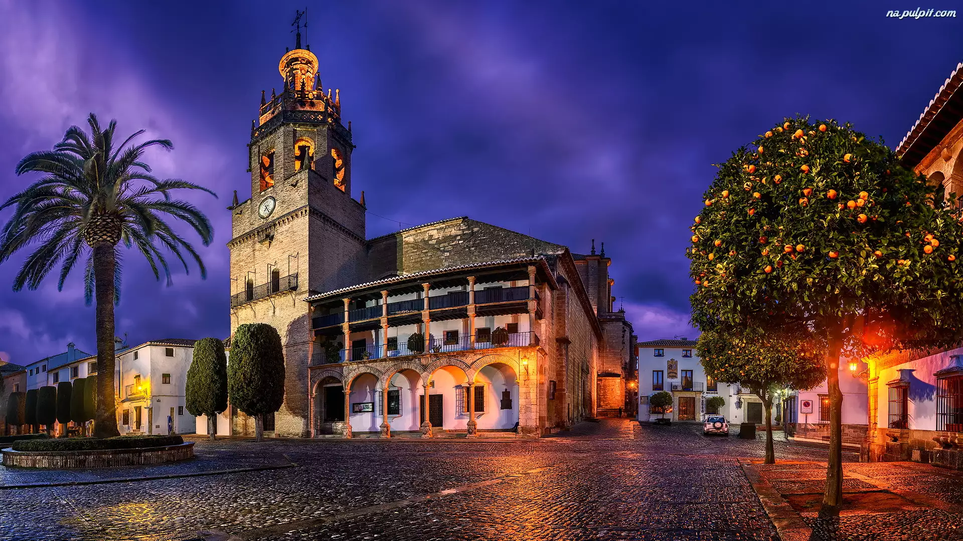 Ronda, Kościół, Drzewo, Prowincja Malaga, Church Santa Maria la Mayor, Droga, Hiszpania, Palma
