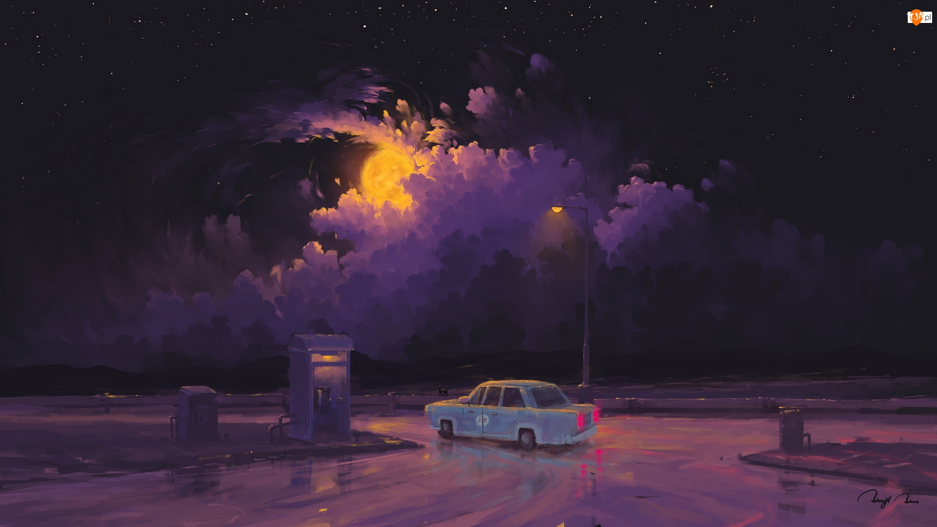 Samochód, Budka telefoniczna, Lampa Paintography, Grafika, Księżyc, Chmury, Noc