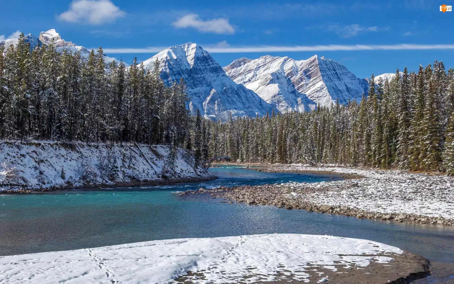 Park Narodowy Banff, Rzeka, Śnieg, Bow River, Prowincja, Las, Góry Skaliste, Kanada, Zima, Alberta, Drzewa