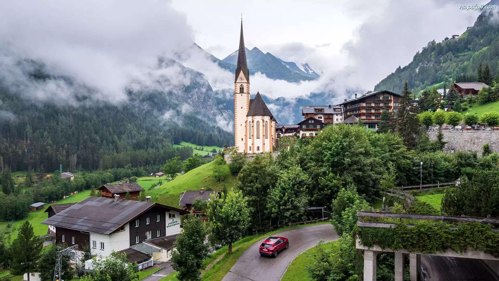 Alpy, Mgła, Austria, Góry, Heiligenblut am Großglockner, Kościół św Wincentego z Saragossy, Domy