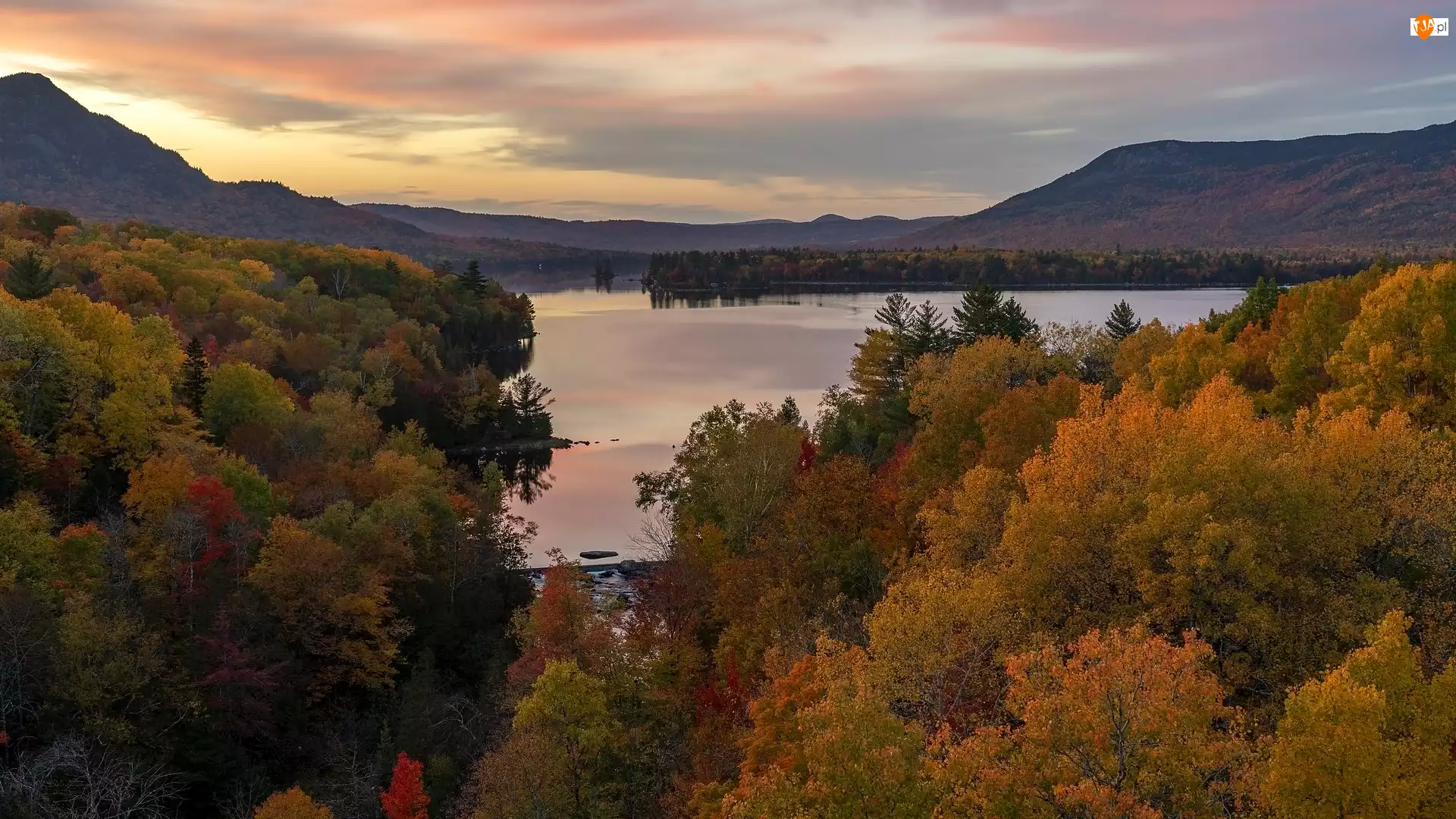 Onawa Lake, Góry, Stany Zjednoczone, Jezioro, Maine, Drzewa, Jesień
