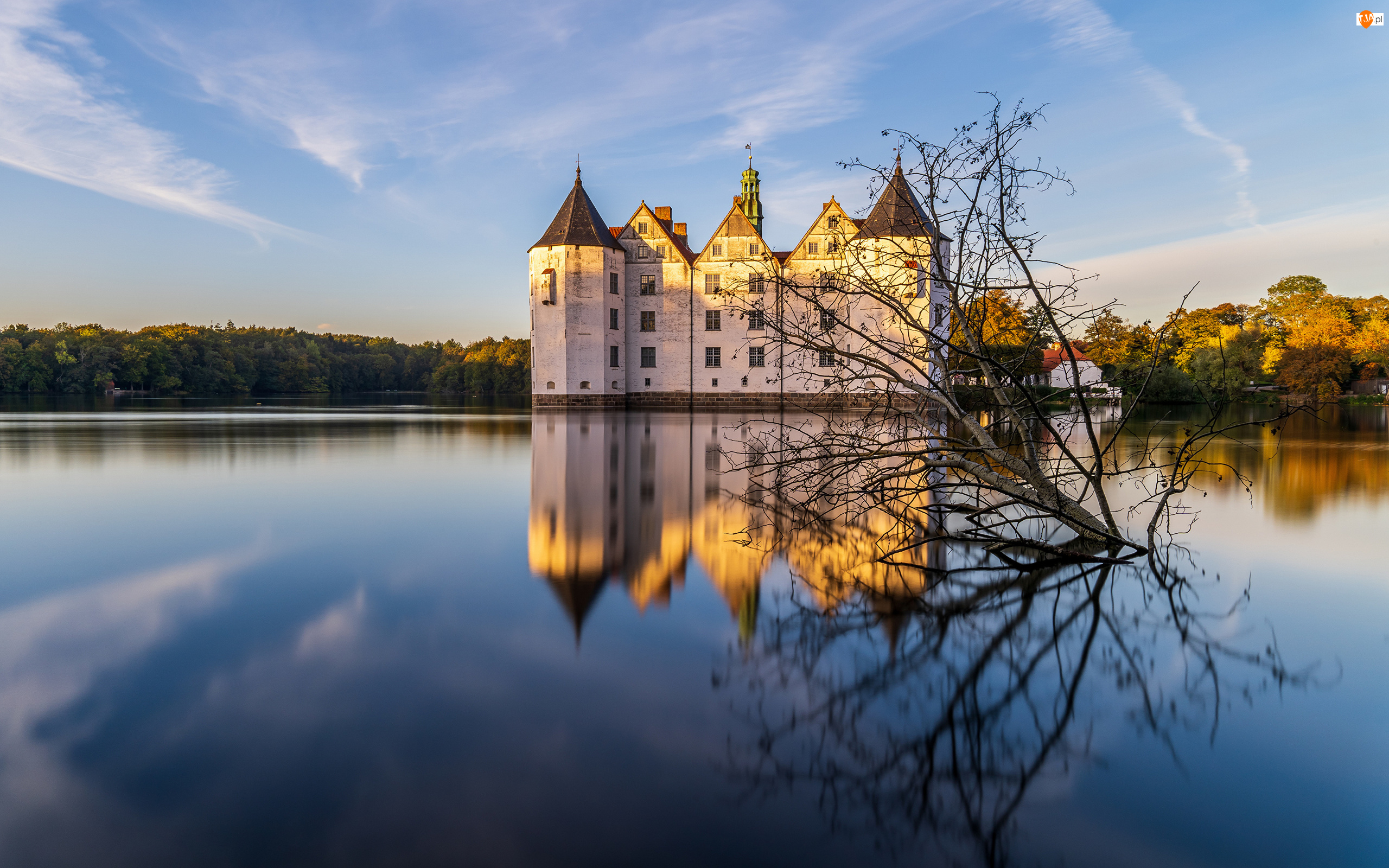 Zamek, Glucksburg Castle, Drzewo, Niemcy, Suche, Odbicie, Staw