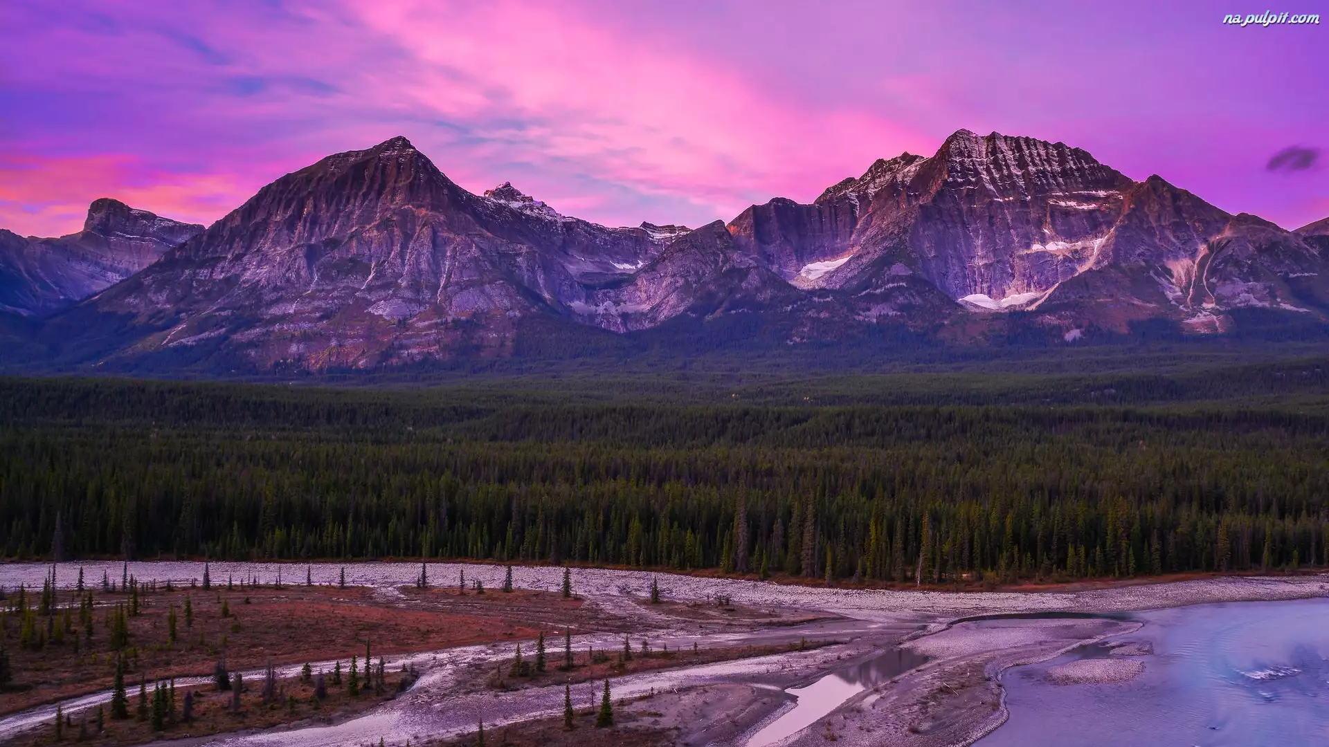 Park Narodowy Jasper, Góry, Różowe, Rzeka, Canadian Rockies, Niebo, Kanada, Las