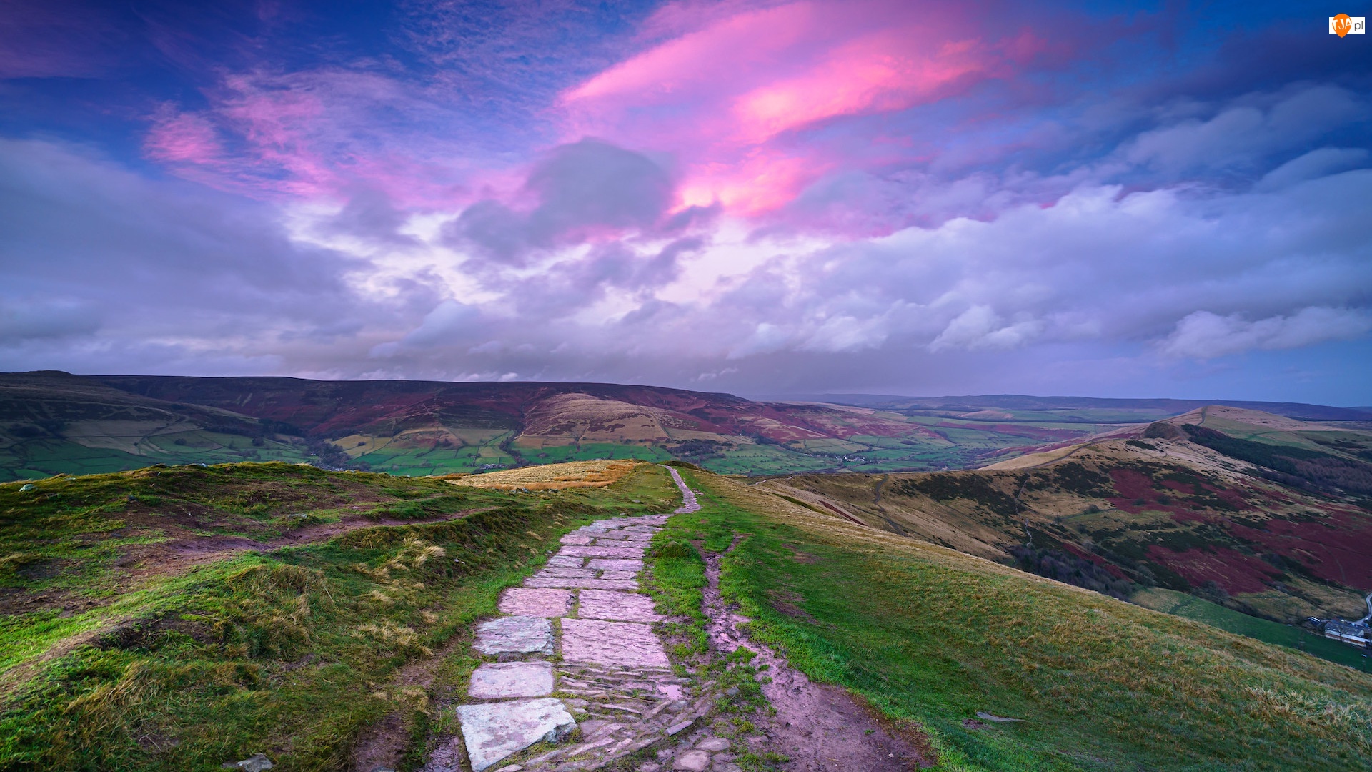 Droga, Niebo, Anglia, Wzgórze Mam Tor, Derbyshire, Wyżyna Peak District, Chmury