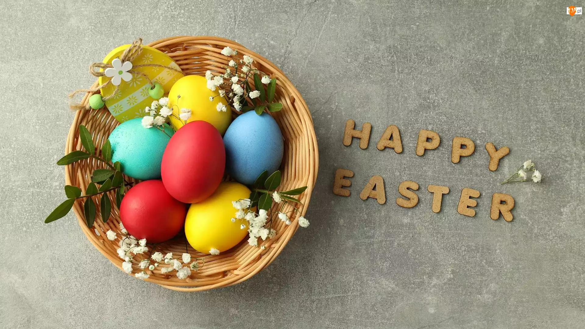 Koszyk, Happy Easter, Pisanki, Wielkanoc, Napis