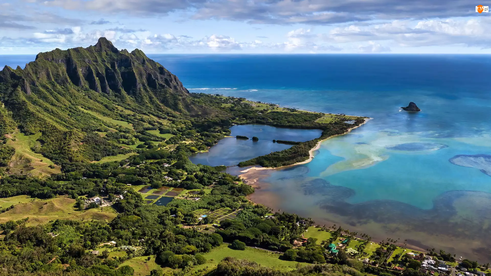 Kailua, Wybrzeże, Drzewa, Stany Zjednoczone, Wyspa Oahu, Z lotu ptaka, Pola, Zatoka, Góry, Drzewa, Morze, Hawaje