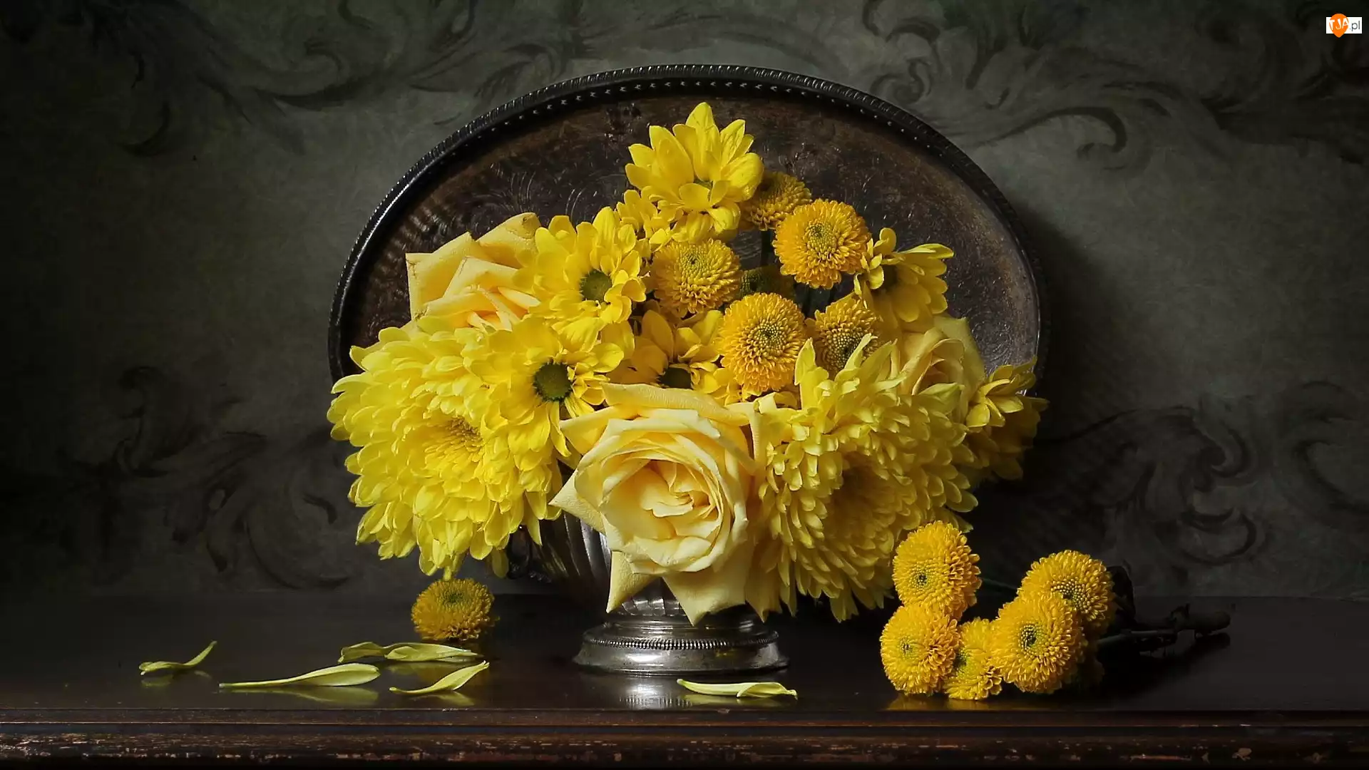 Bukiet kwiatów, Żółte, Róże, Chryzantemy