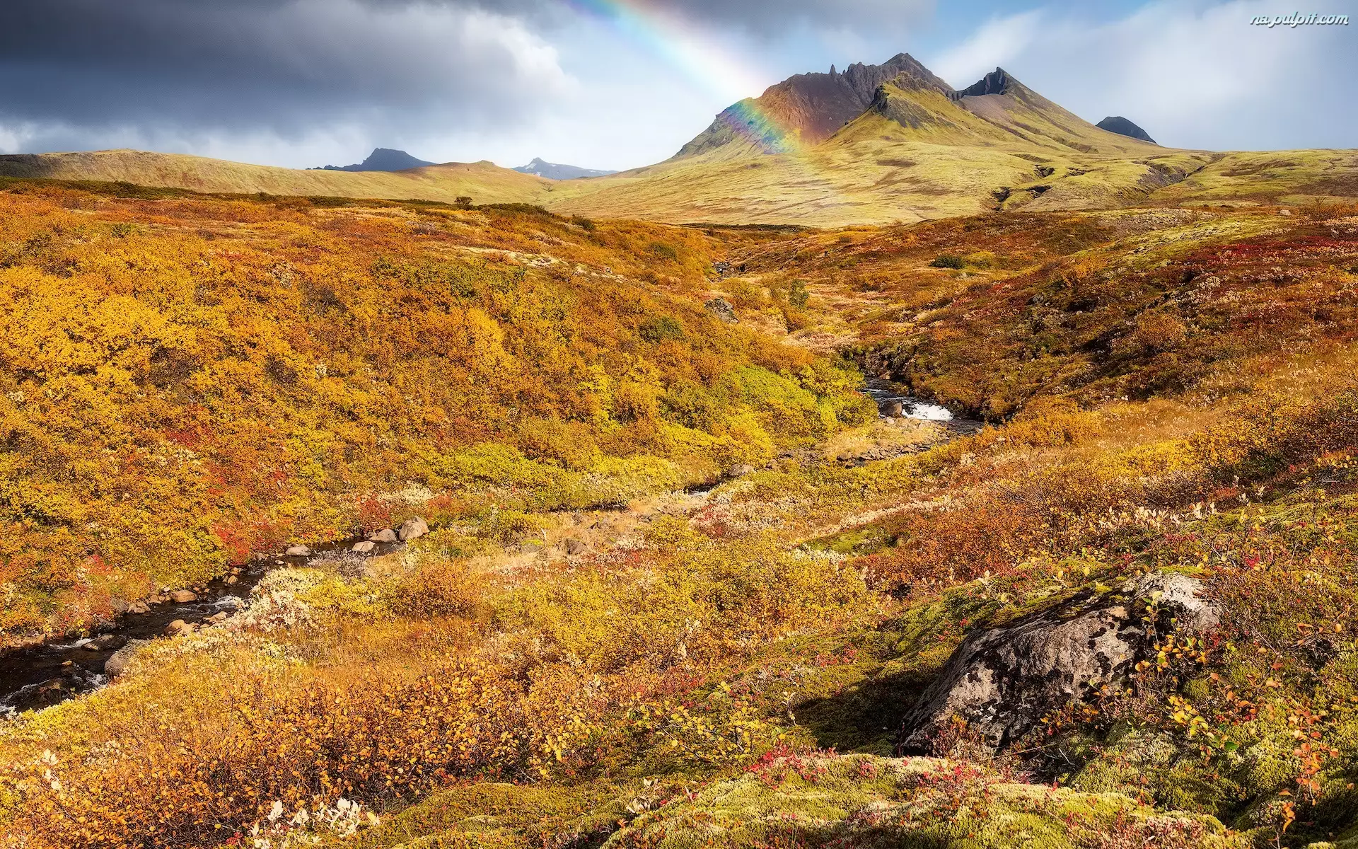 Wzgórza, Góra, Potok, Islandia, Roślinność, Tęcza, Jesień