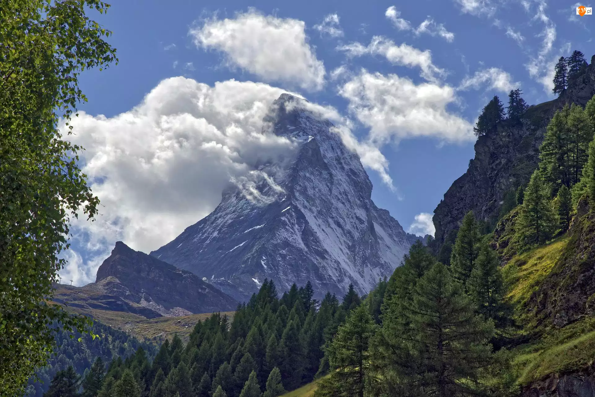 Alpy Pennińskie, Góry, Chmury, Szwajcaria, Szczyt Matterhorn, Drzewa