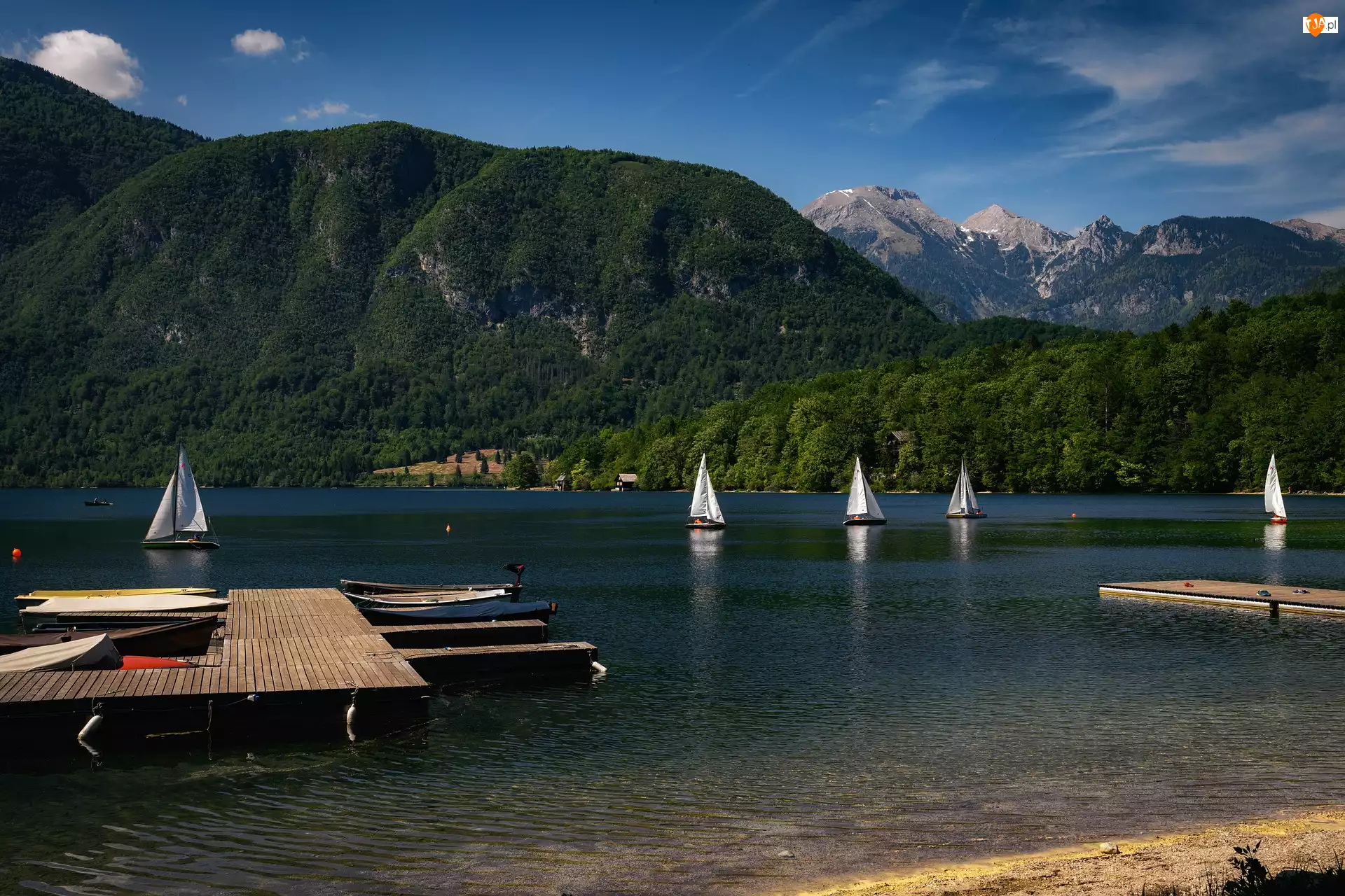 Pomost, Jezioro Bohinj, Żaglówki, Słowenia, Góry, Gmina Bohinj