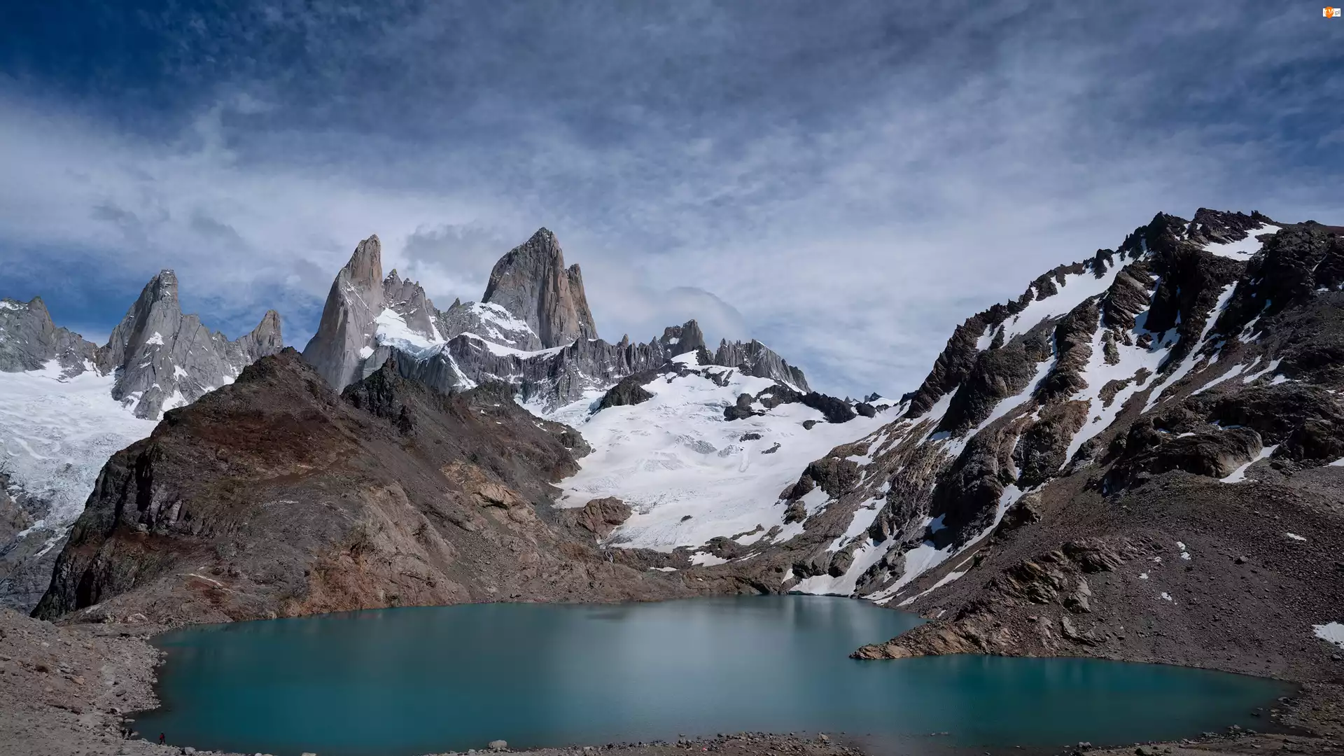Patagonia, Góry, Niebo, Argentyna, Lagoon de los Tres, Jezioro, Śnieg