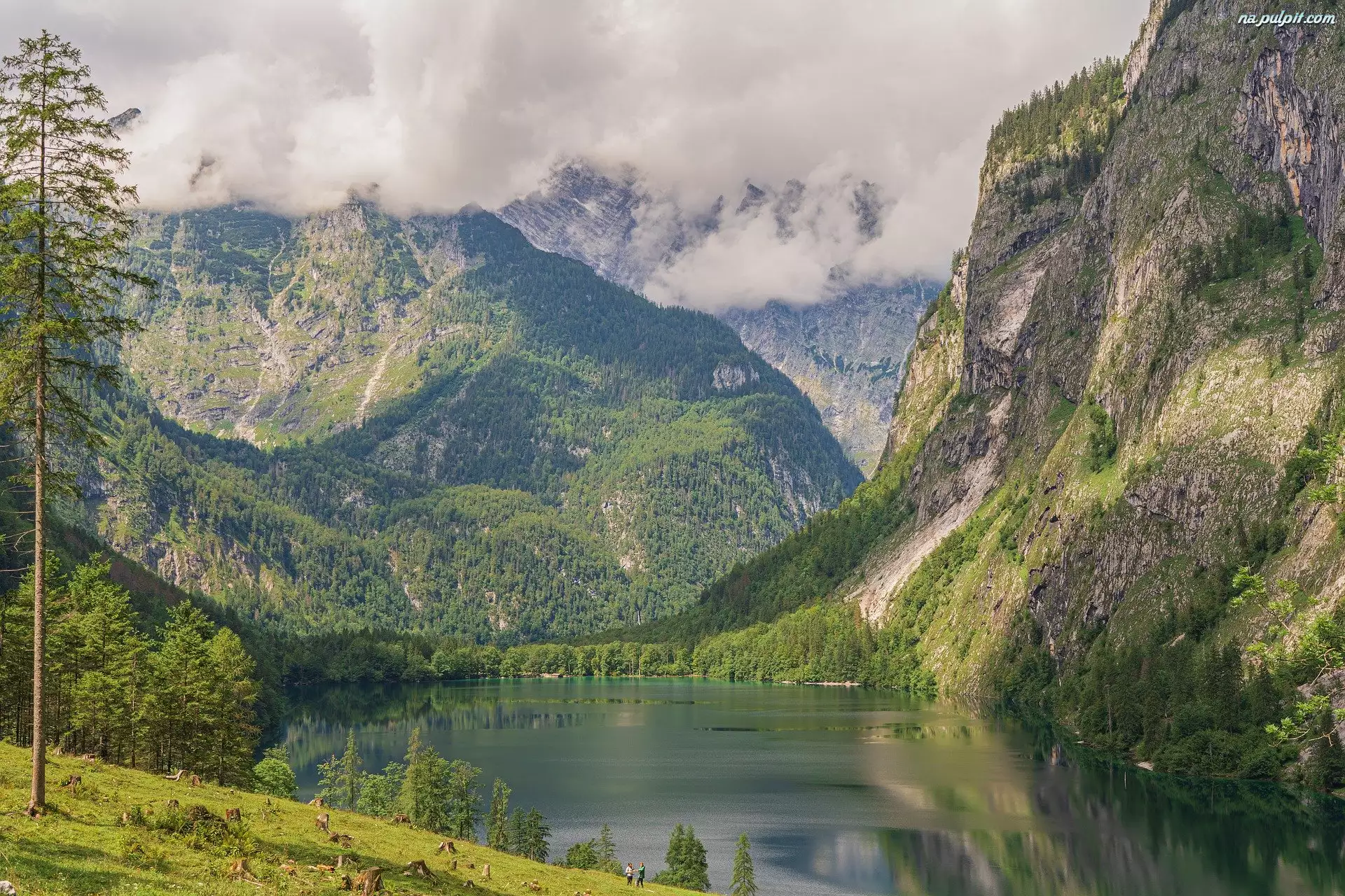 Alpy Bawarskie, Góry, Jezioro Obersee, Niemcy, Chmury, Park Narodowy Berchtesgaden