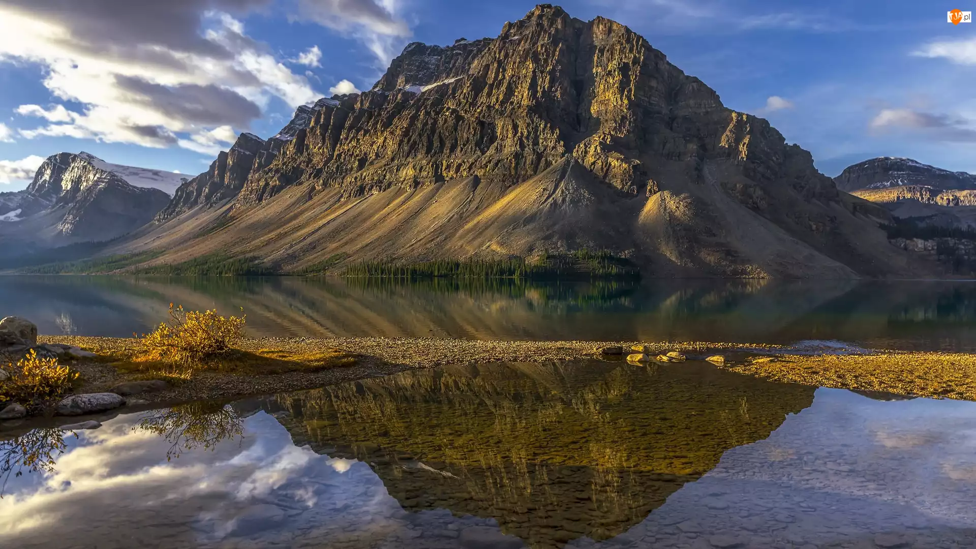 Odbicie, Park Narodowy Banff, Jezioro, Prowincja Alberta, Góry, Bow Lake, Kanada, Góra Crowfoot Mountain