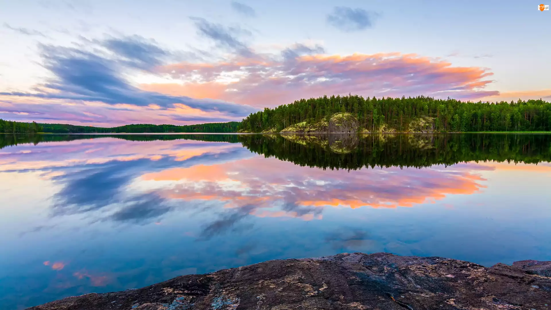 Saimaa Lake, Lasy, Finlandia, Jezioro, Chmury, Odbicie, Drzewa