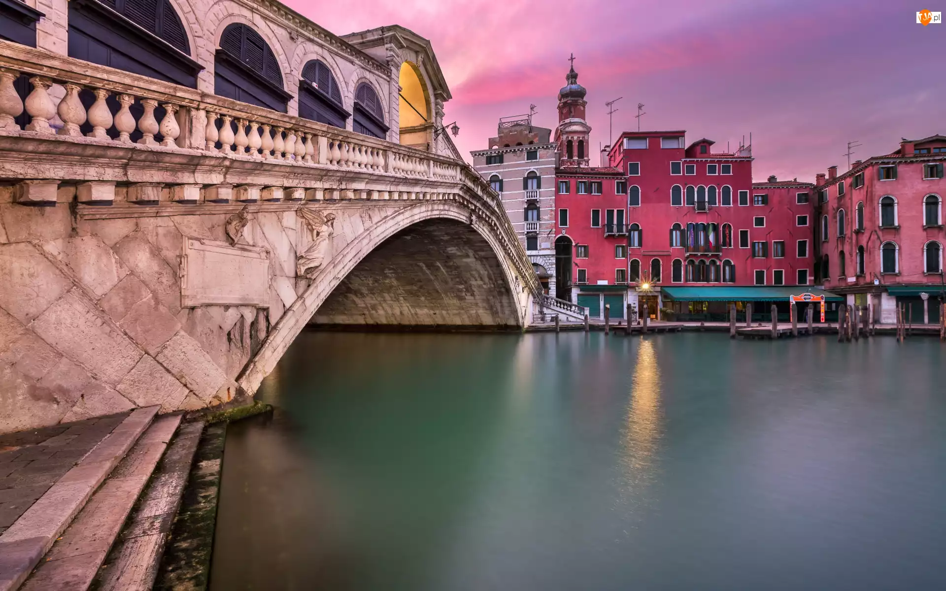 Wenecja, Włochy, Zachód słońca, Kościół San Bartolomeo, Kanał Grande, Most Rialto
