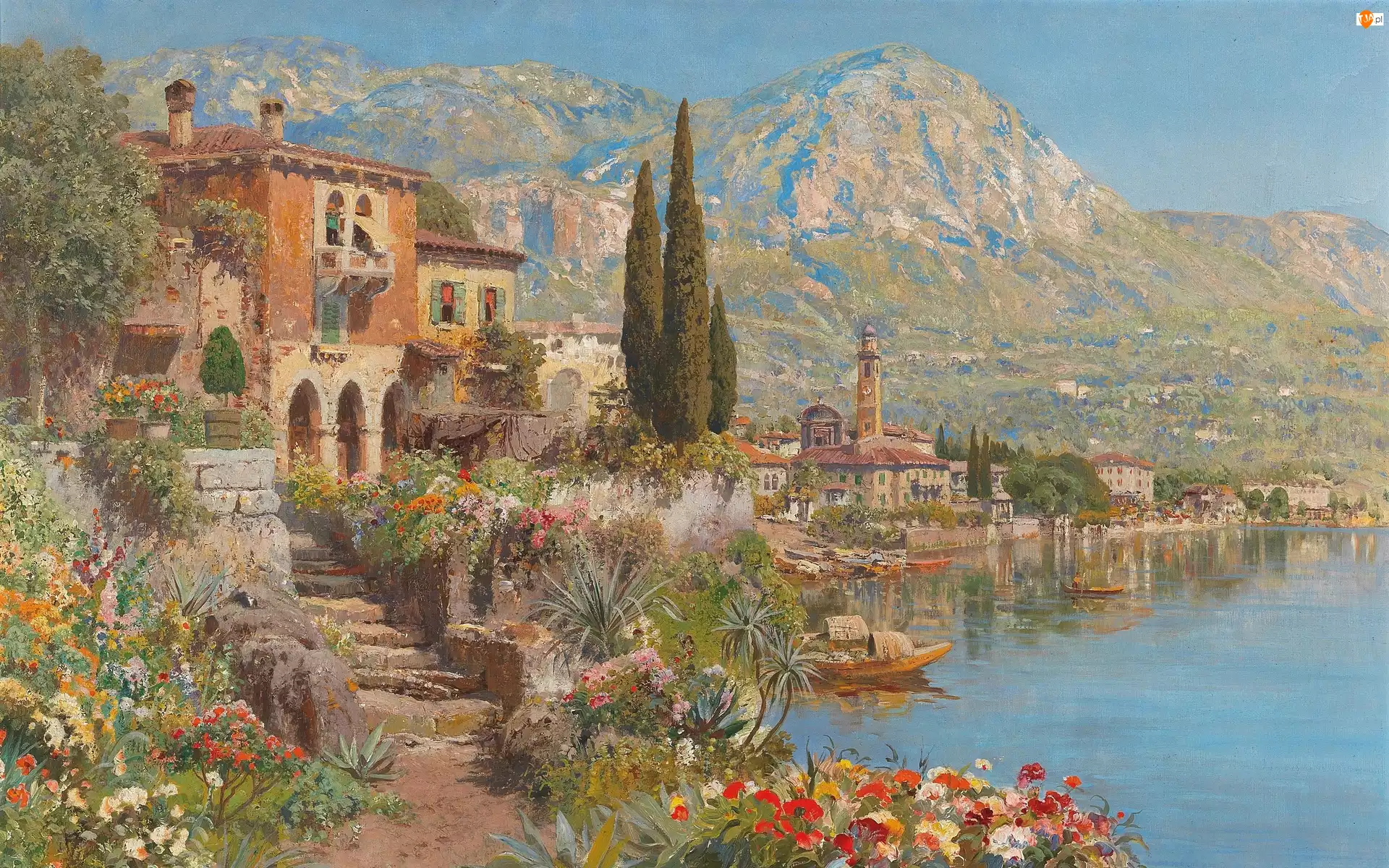 Alois Arnegger, Włochy, Góry, Malarstwo, Dom, Jezioro Garda, Riva del Garda