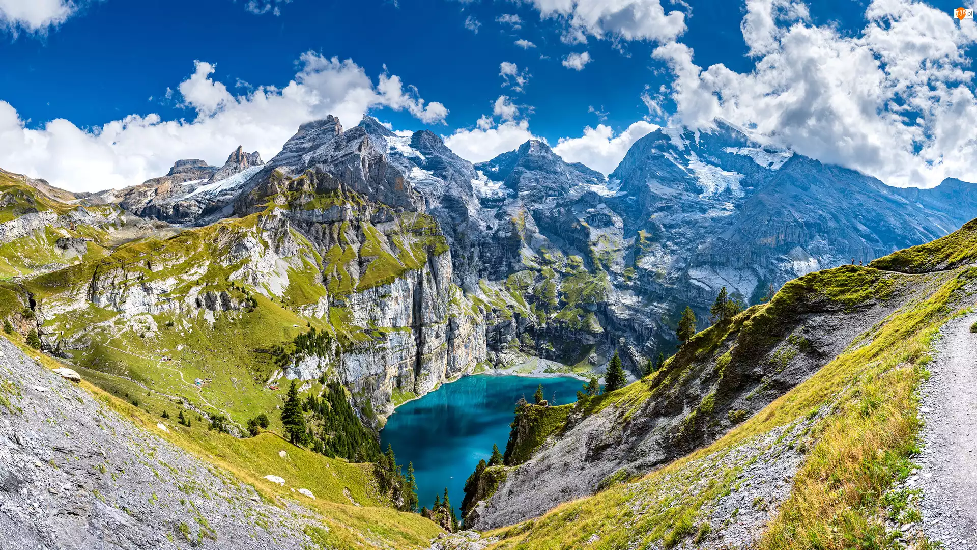 Góry, Alpy Berneńskie, Obłoki, Szwajcaria, Niebo, Jezioro Oeschinen, Kanton Berno