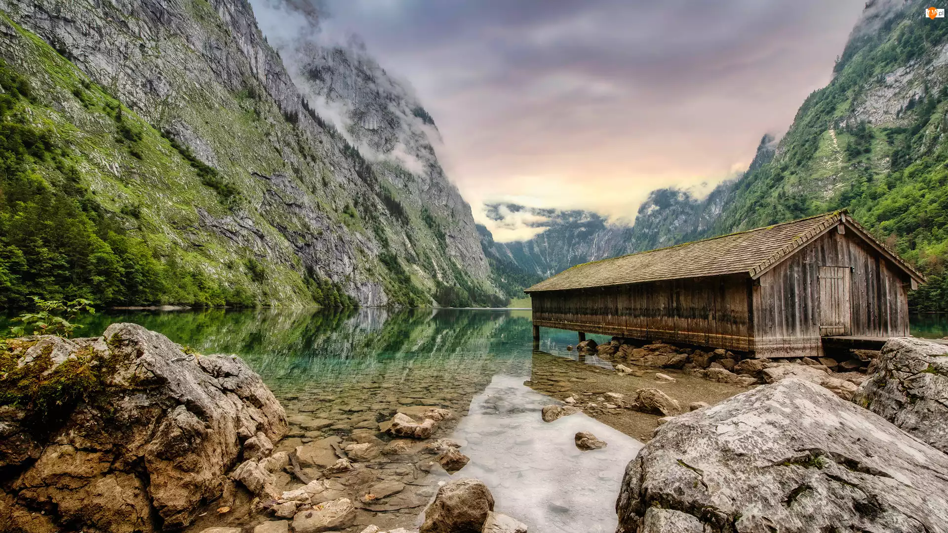 Domek, Niemcy, Jezioro Obersee, Góry, Bawaria, Kamienie, Alpy, Park Narodowy Berchtesgaden