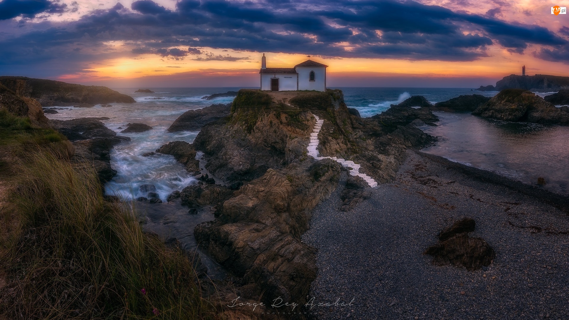 Morze, Zachód słońca, Kaplica, Hiszpania, Skały, Virxe do Porto