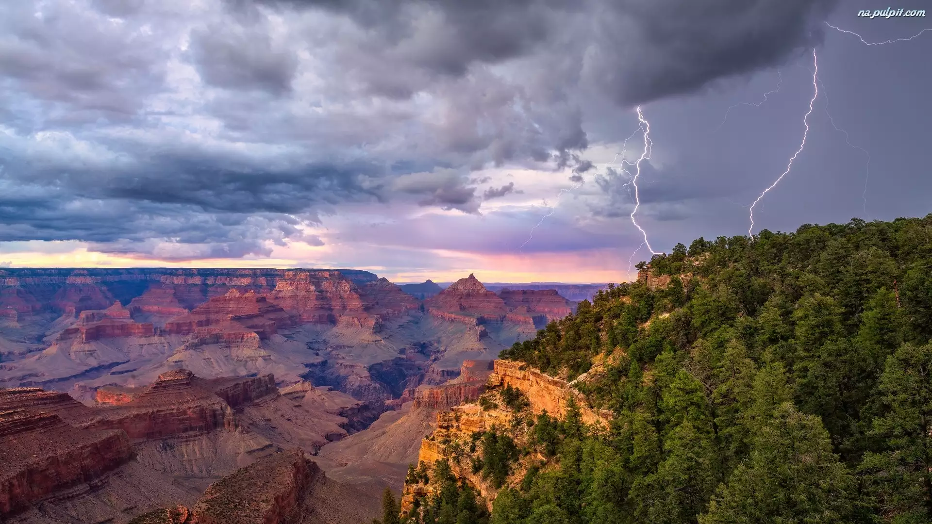 Drzewa, Skały, Park Narodowy Wielkiego Kanionu, Arizona, Kanion, Pioruny, Stany Zjednoczone, Grand Canyon