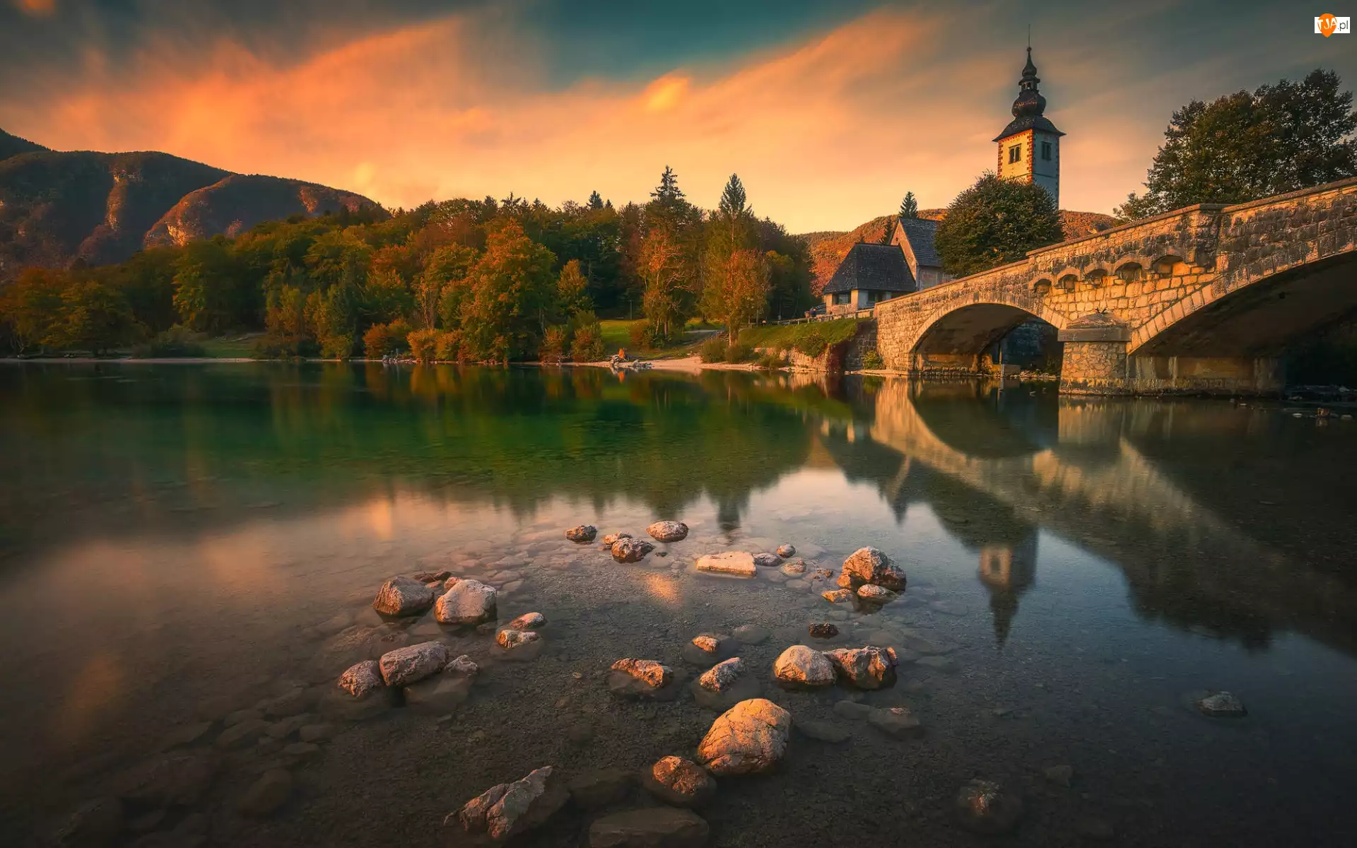 Gmina Bohinj, Słowenia, Drzewa, Jezioro Bohinj, Kościół św Jana, Most
