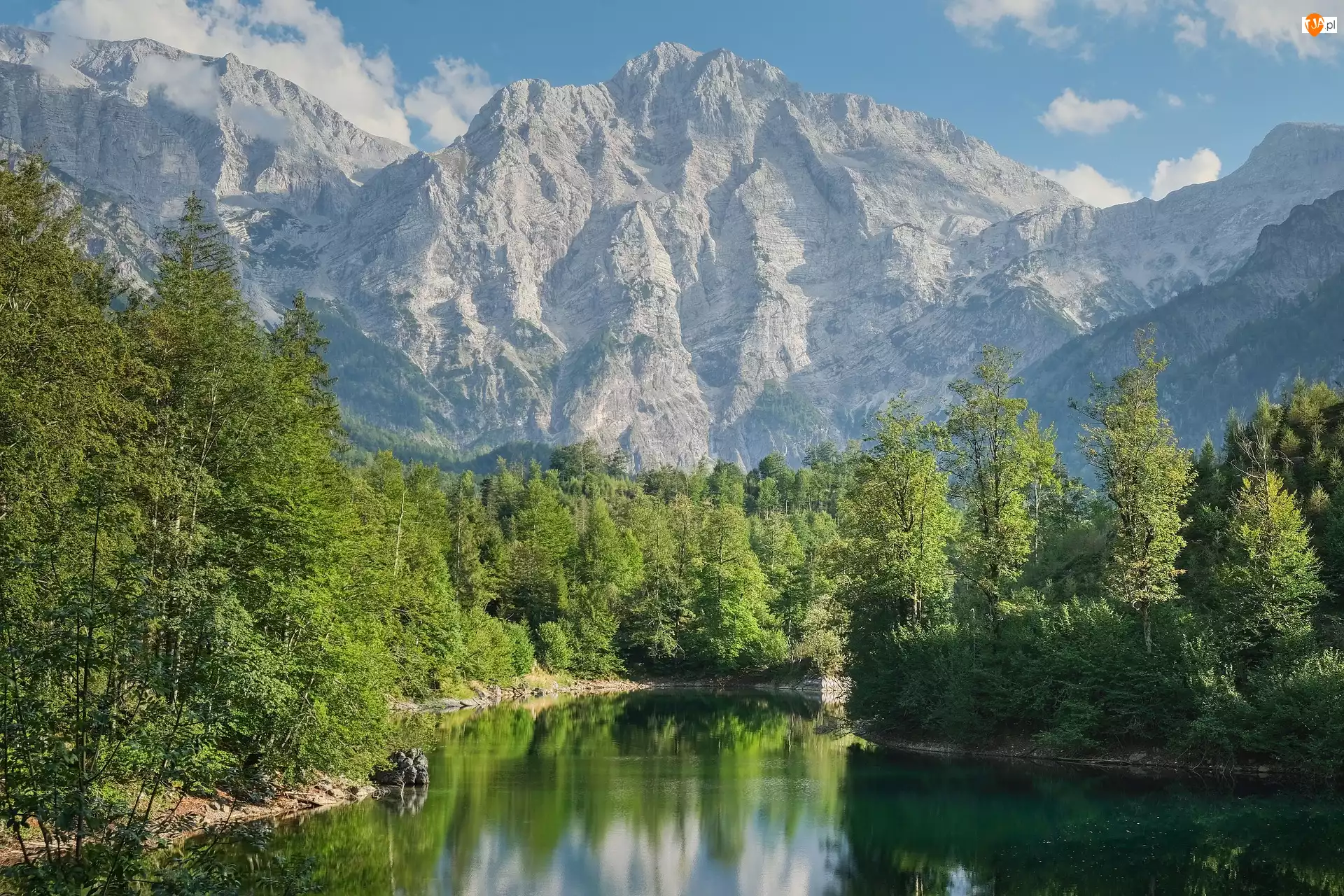 Alpy Bawarskie, Jezioro Eibsee, Zugspitze, Niemcy, Góry, Drzewa