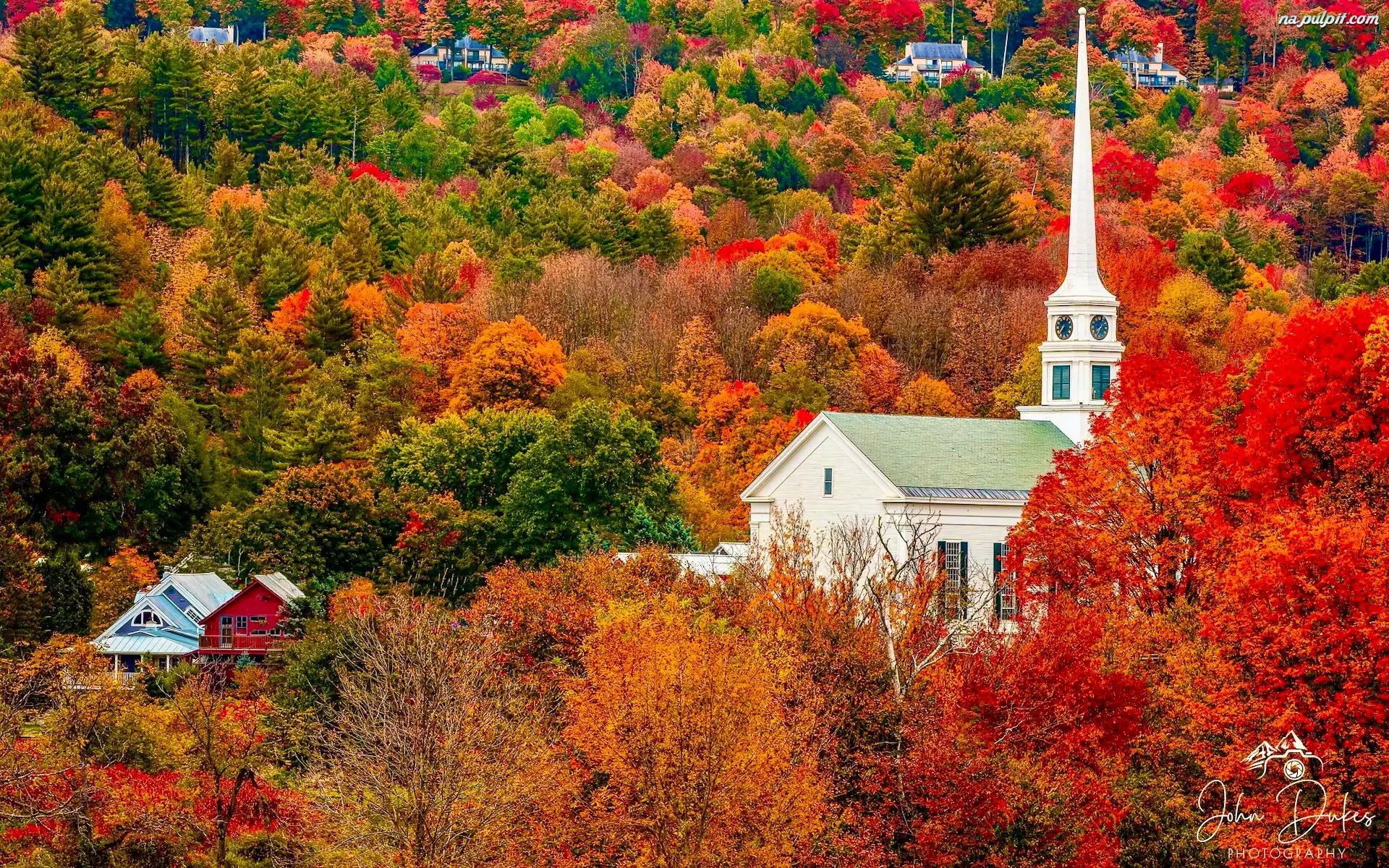 Domy, Stany Zjednoczone, Kościół, Drzewa, Vermont, Stowe Community Church, Jesień, Stowe