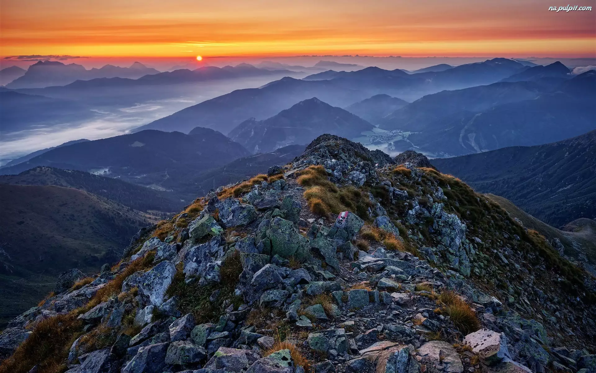 Góry, Niskie Taury, Mgła, Austria, Skały, Wschód słońca, Alpy