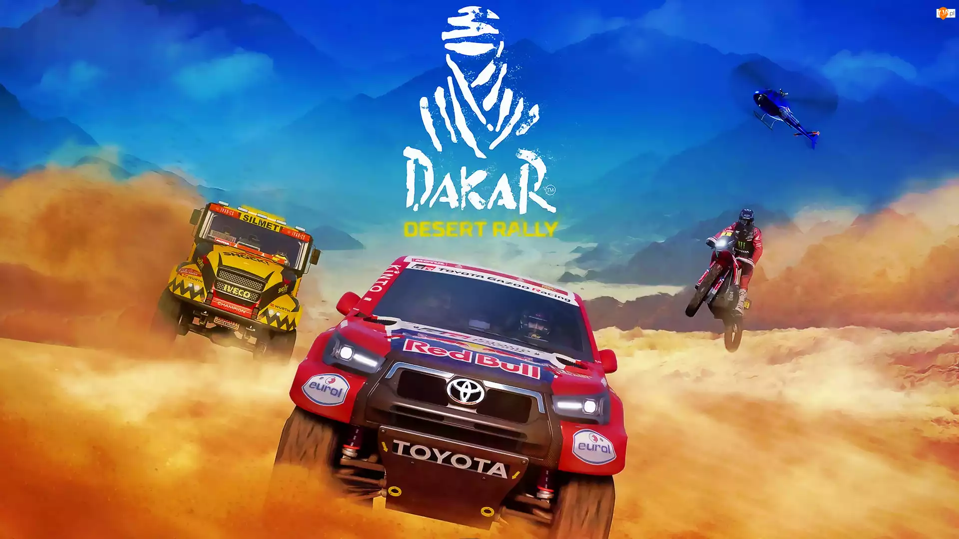 Plakat, Dakar Desert Rally, Pustynia, Motocykl, Helikopter, Samochody, Iveco, Gra, Toyota