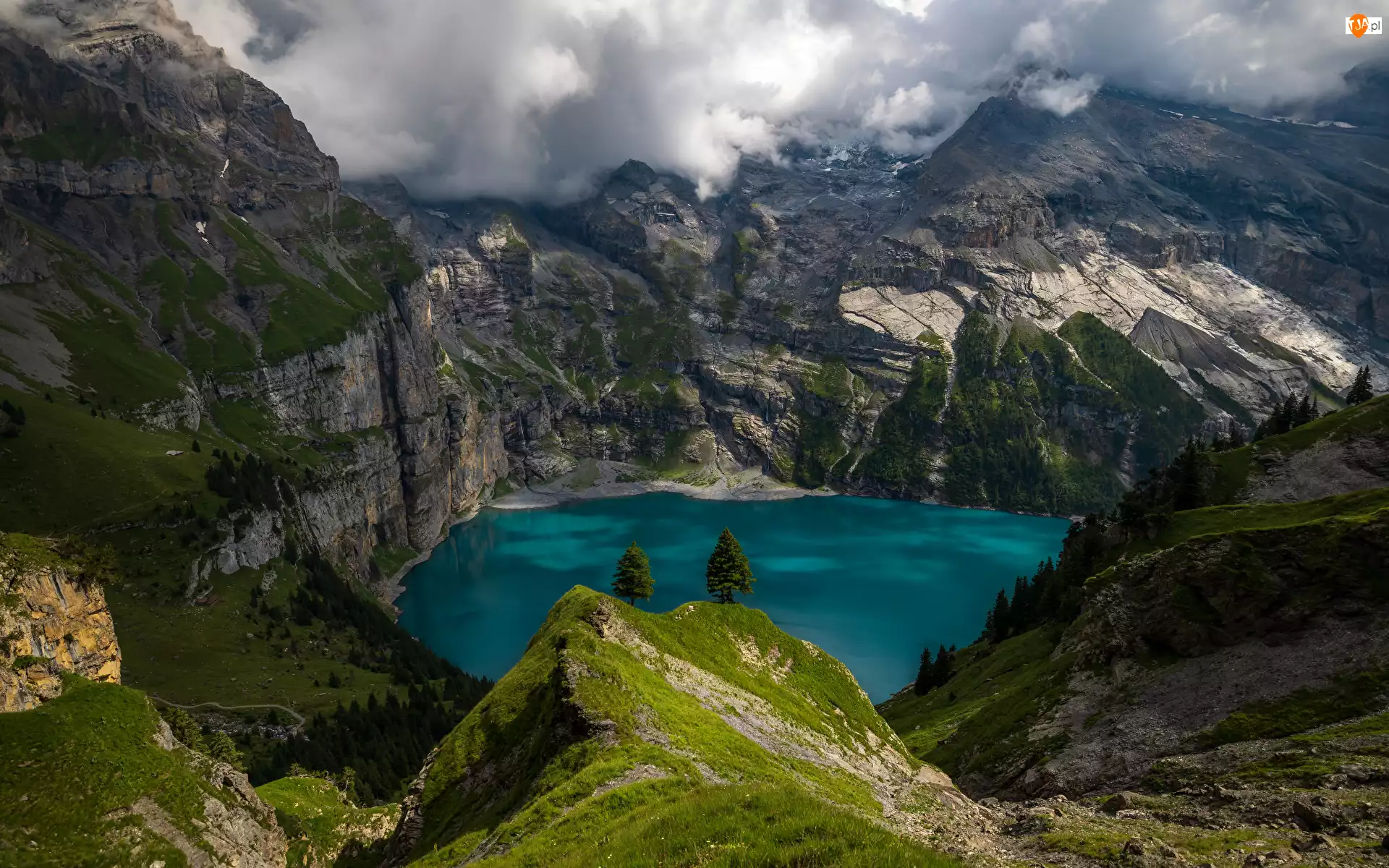 Góry, Alpy, Chmury, Szwajcaria, Drzewa, Oeschinen Lake, Jezioro