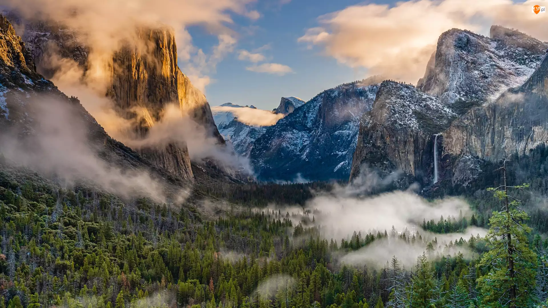 Park Narodowy Yosemite, Góry, Yosemite Valley, Kalifornia, Mgła, Drzewa, Stany Zjednoczone, Wodospad