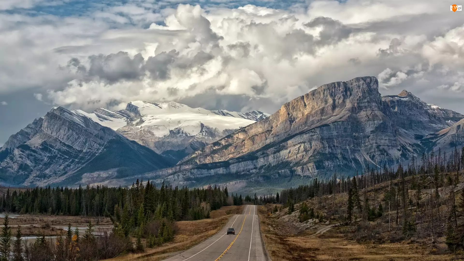 Góry Skaliste, Chmury, Droga, Kanada, Samochód, Autostrada Davida Thompsona