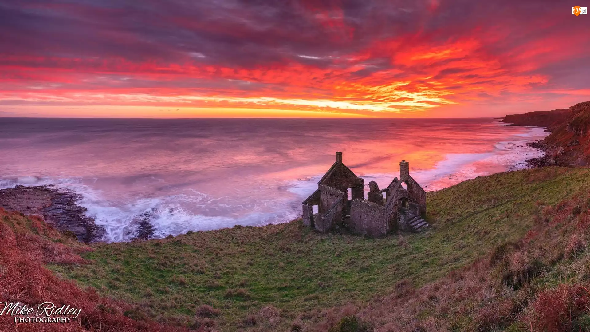 Szkocja, Morze, Ruiny, Zachód słońca