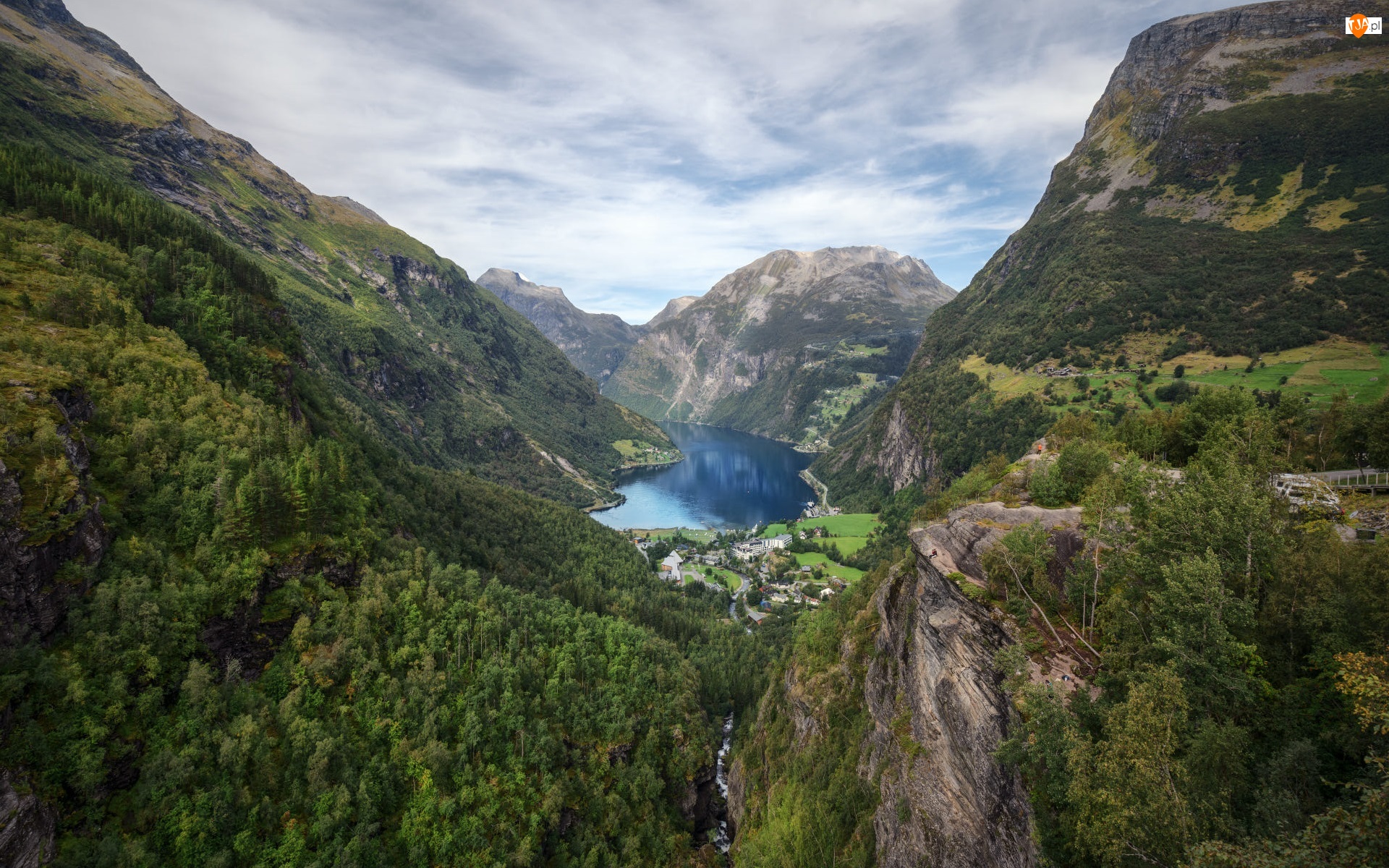 Las, Norwegia, Geirangerfjord, Drzewa, Góry, Skały, Domy, Fiord