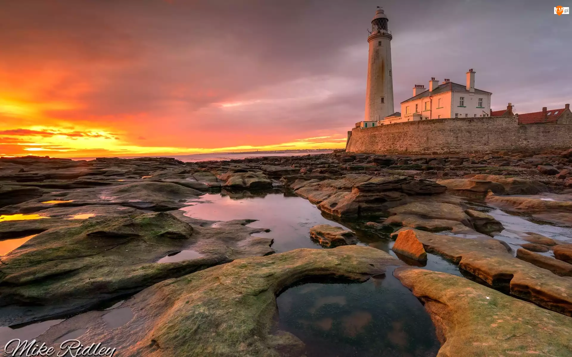 St Marys Lighthouse, Latarnia morska, Zachód słońca, Anglia, Skały, Wyspa St Marys