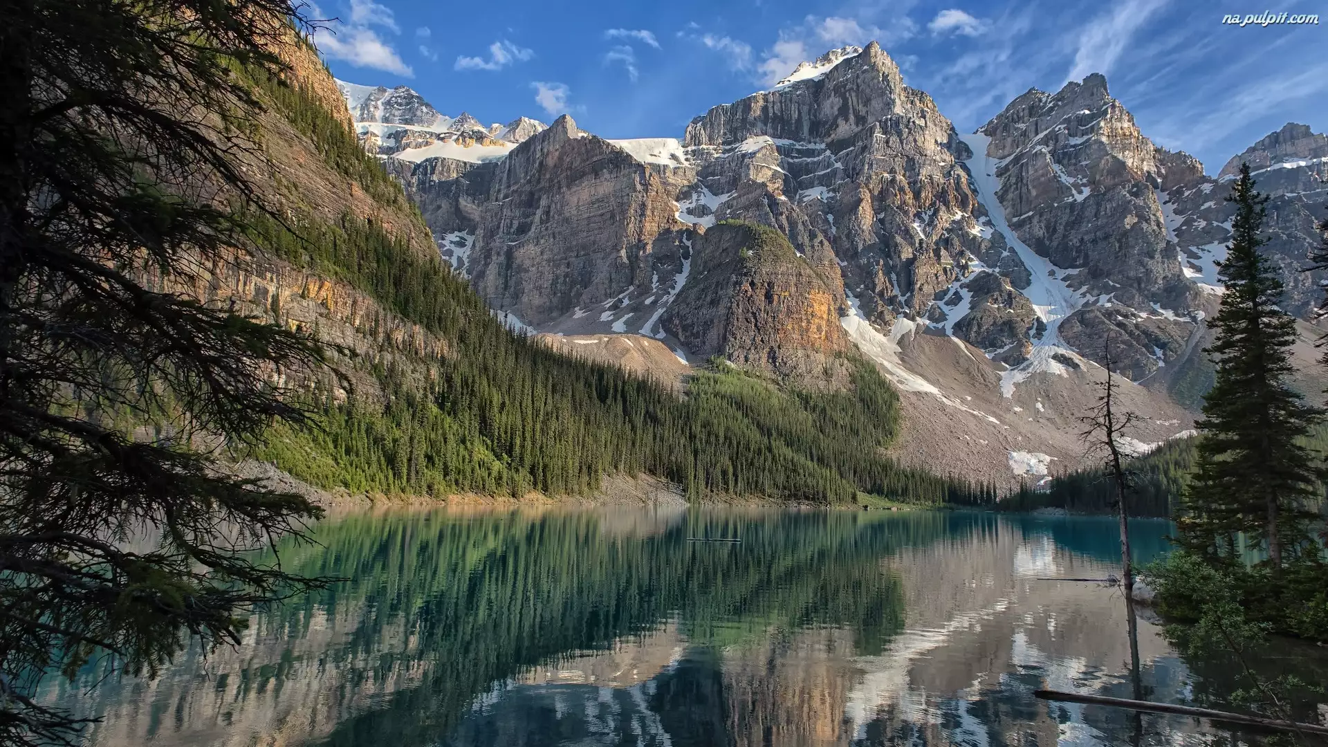 Drzewa, Alberta, Las, Góry, Canadian Rockies, Park Narodowy Banff, Jezioro, Kanada, Moraine Lake