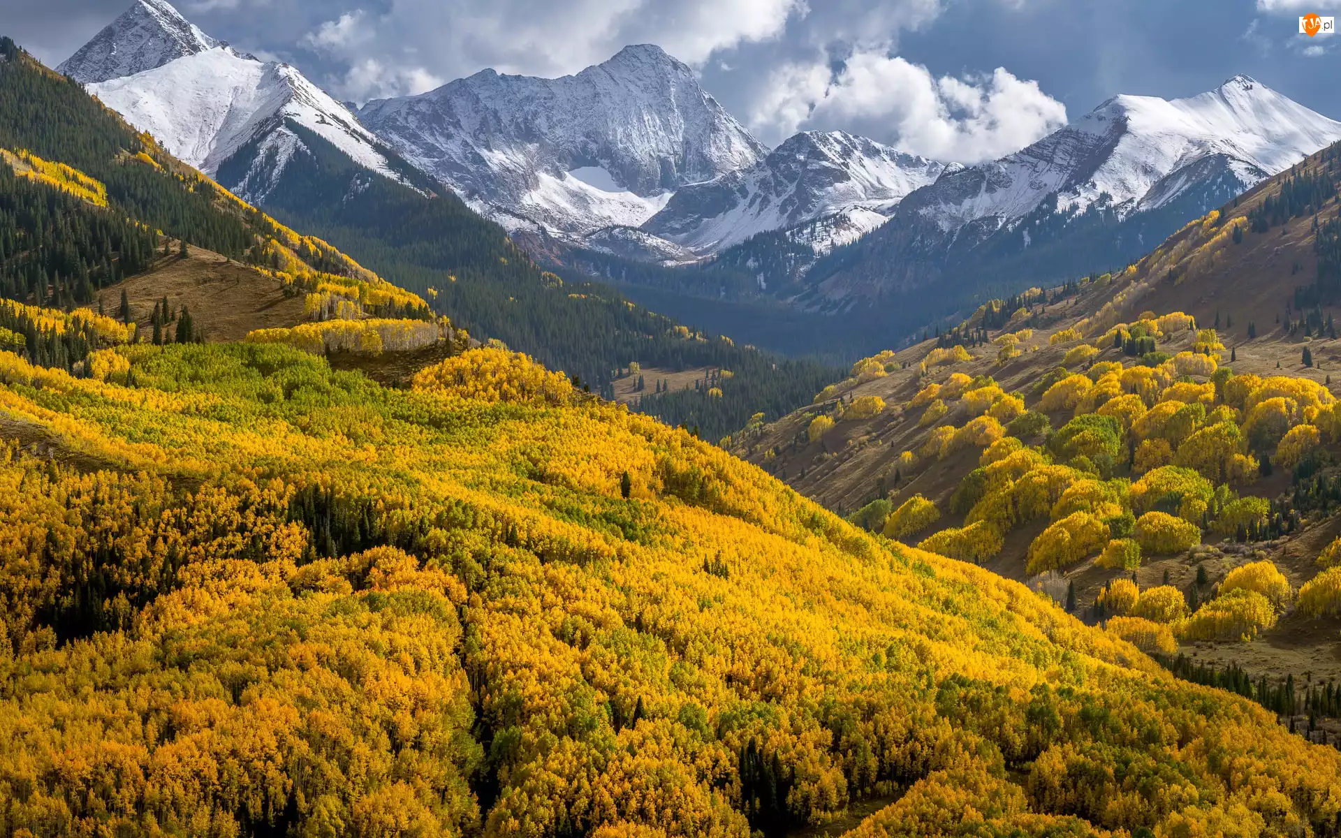 Chmury, Kolorado, Jesień, Las, Drzewa, Góry Elk, Góra, Stany Zjednoczone, Capitol Peak