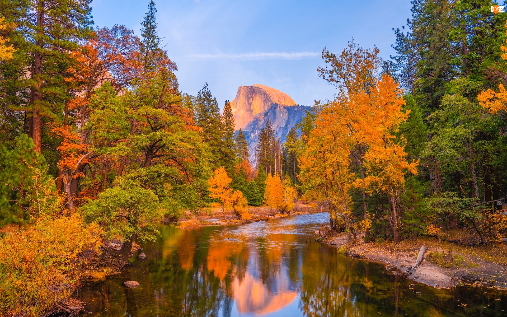 Merced River, Stany Zjednoczone, Jesień, Drzewa, Kalifornia, Rzeka, Góra Half Dome, Park Narodowy Yosemite