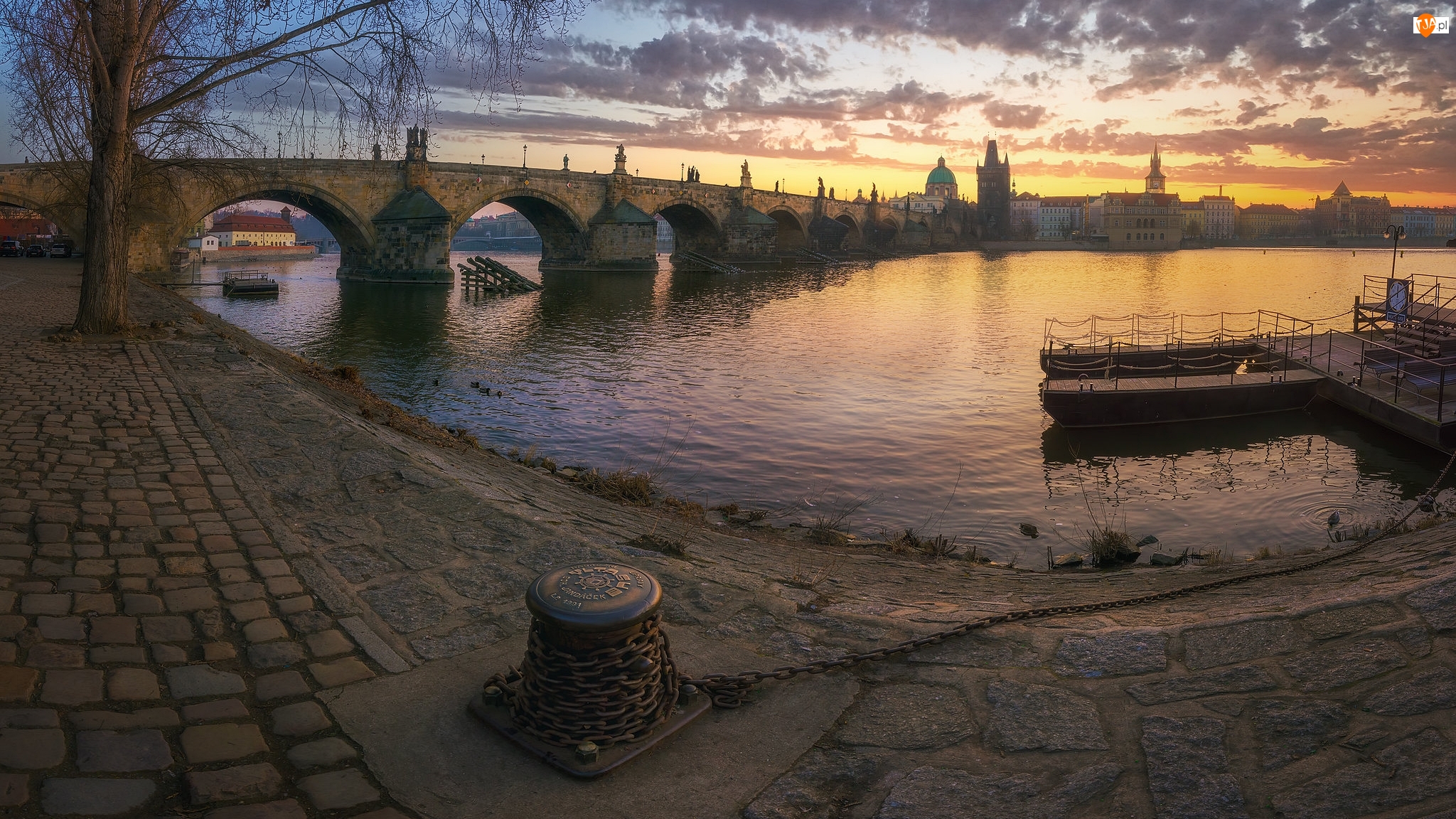 Most Karola, Czechy, Rzeka Wełtawa, Zachód słońca, Praga