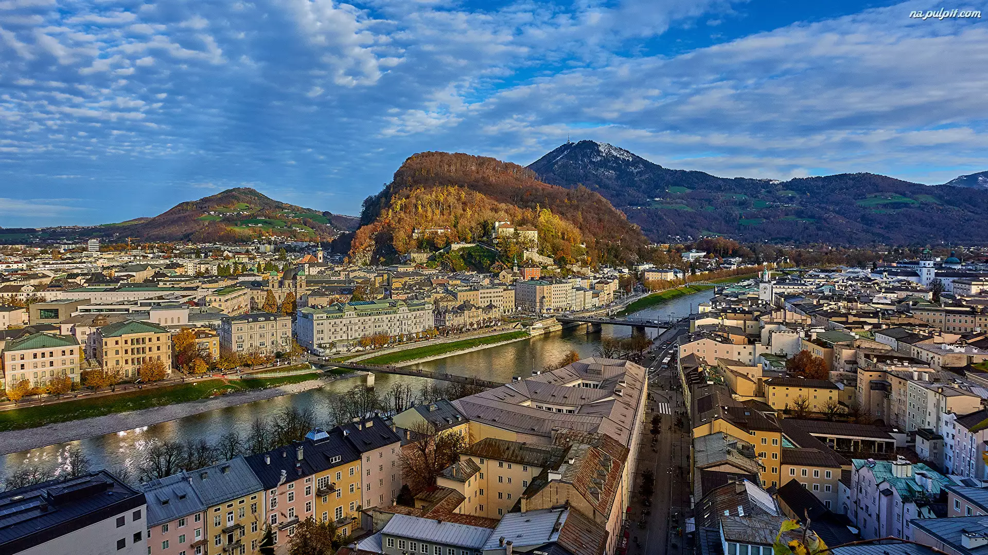 Salzburg, Domy, Góry, Austria, Rzeka Salzach